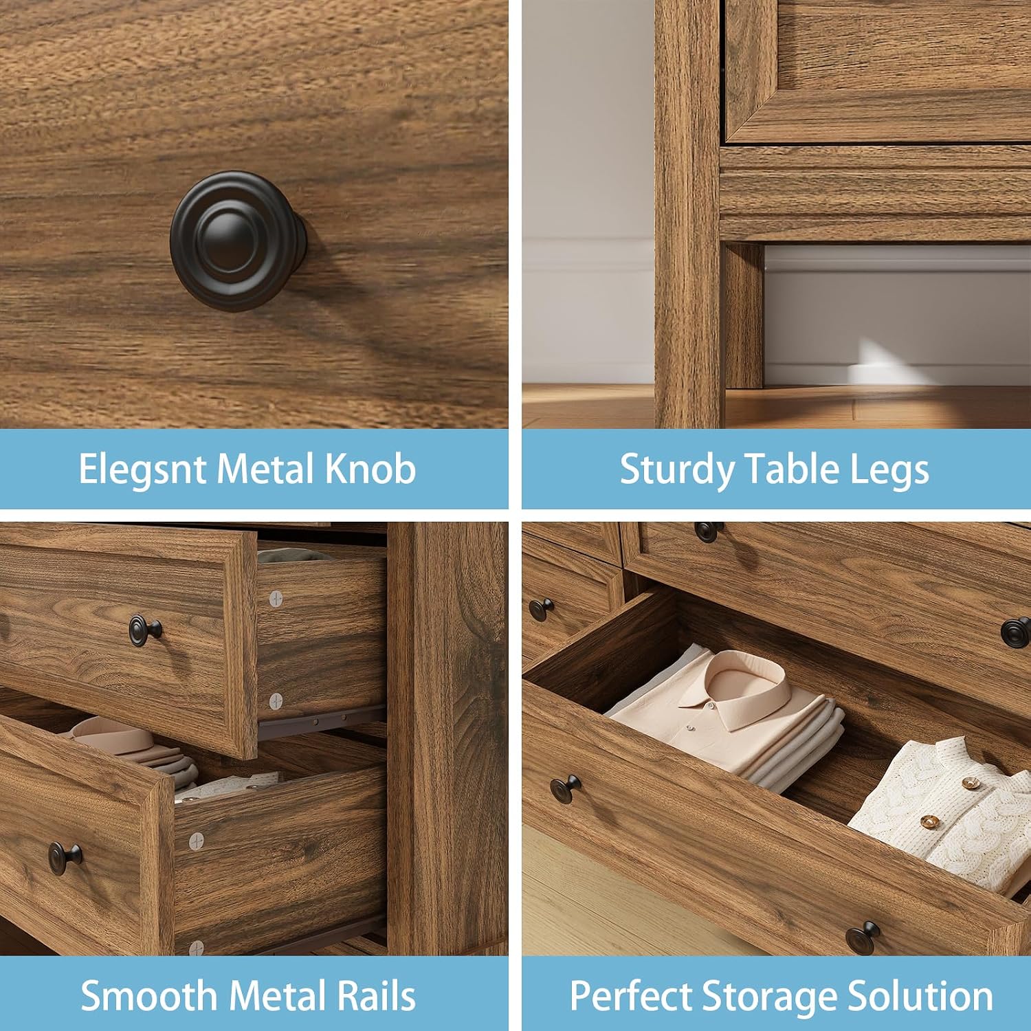 CARPETNAL 55' Walnut Dresser for Bedroom, 6 Drawer Dresser with Wide Drawer and Metal Handles, Wood Dressers & Chests of Drawers for Hallway, Entryway.