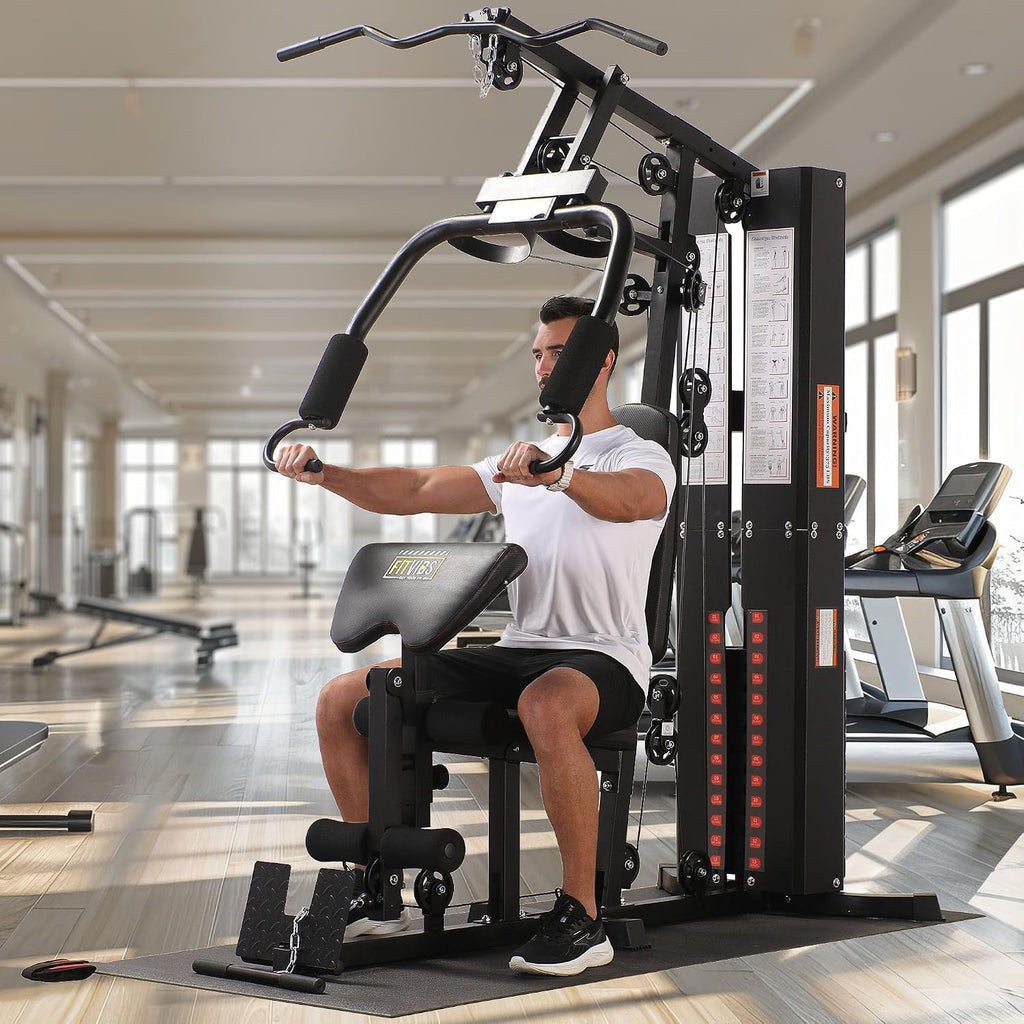 BalanceFrom Multifunctional Steel Frame Home Gym Machine with Floor Mat – Strength Training Workout Station with 160-Pound Weight Stack, Lat Pull & Low Row Bars, 4-Roll Leg Developer & Press