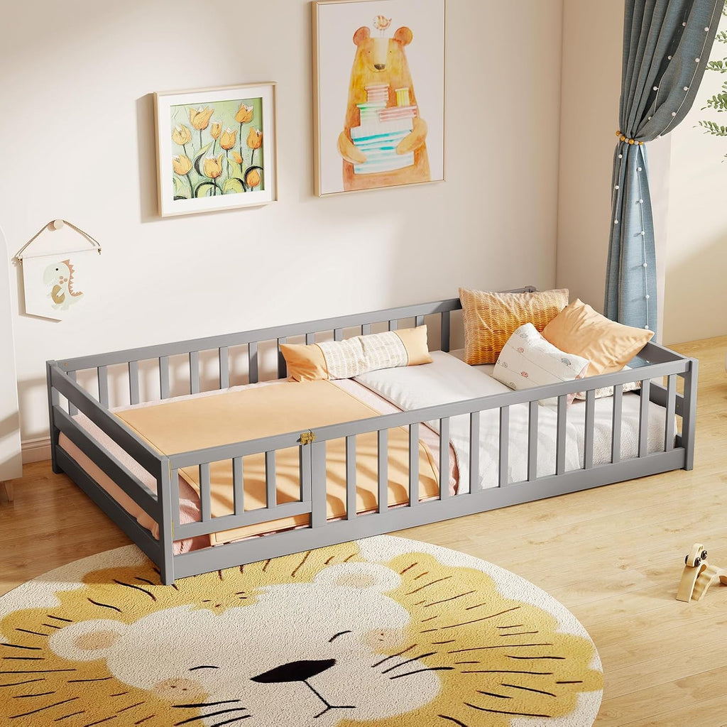 KOMFOTT Twin Size Wood Floor Bed with Door & Fence, Montessori Bed Frame with Full Length Safety Guardrails, Door & Latch, Wooden Montessori Floor Bed for Kids, Girls, Boys (Grey, Twin)