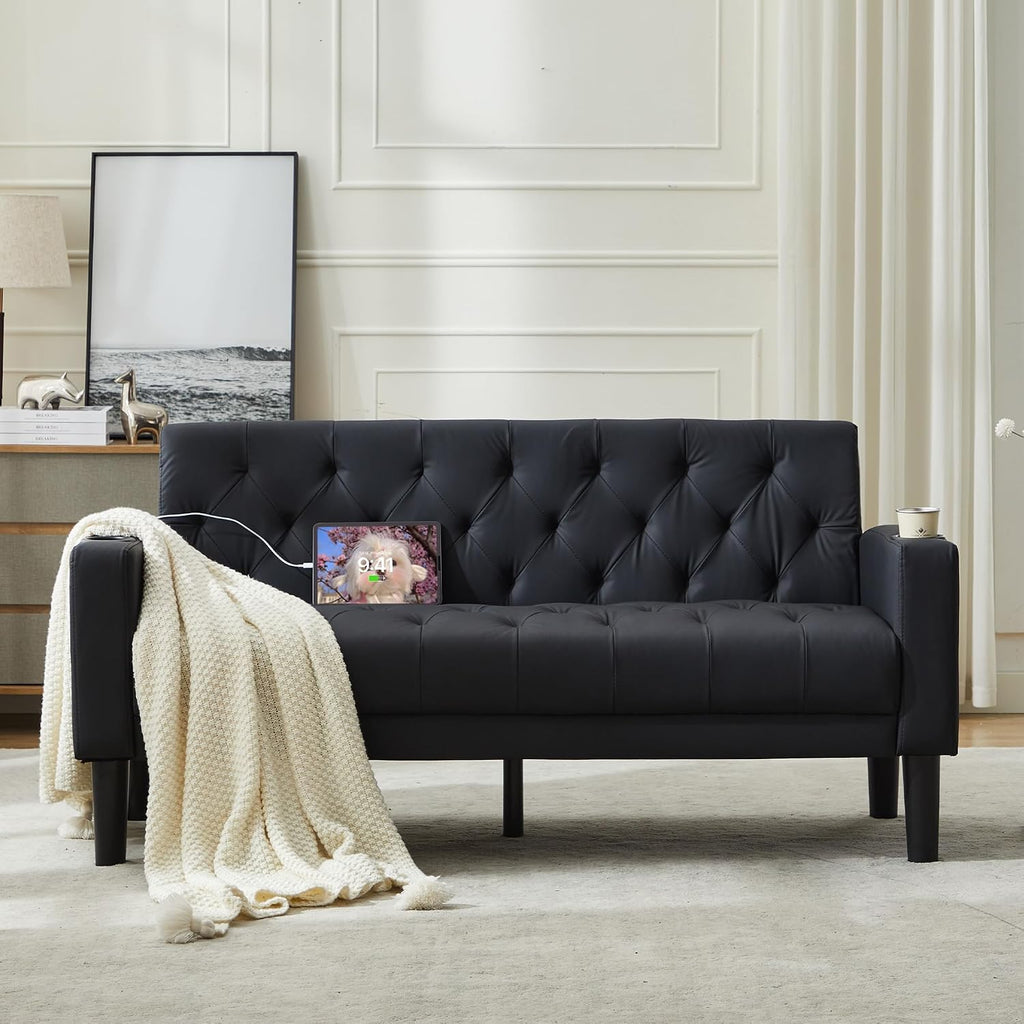 TYBOATLE 62' W Loveseat Sofa w/ 2 USB Charger Ports and 2 Cupholders, Mid-Century Modern Tufted Black Leather Small Love Seat Couches for Compact Living Room, Office, Bedroom, Apartment, Dorm