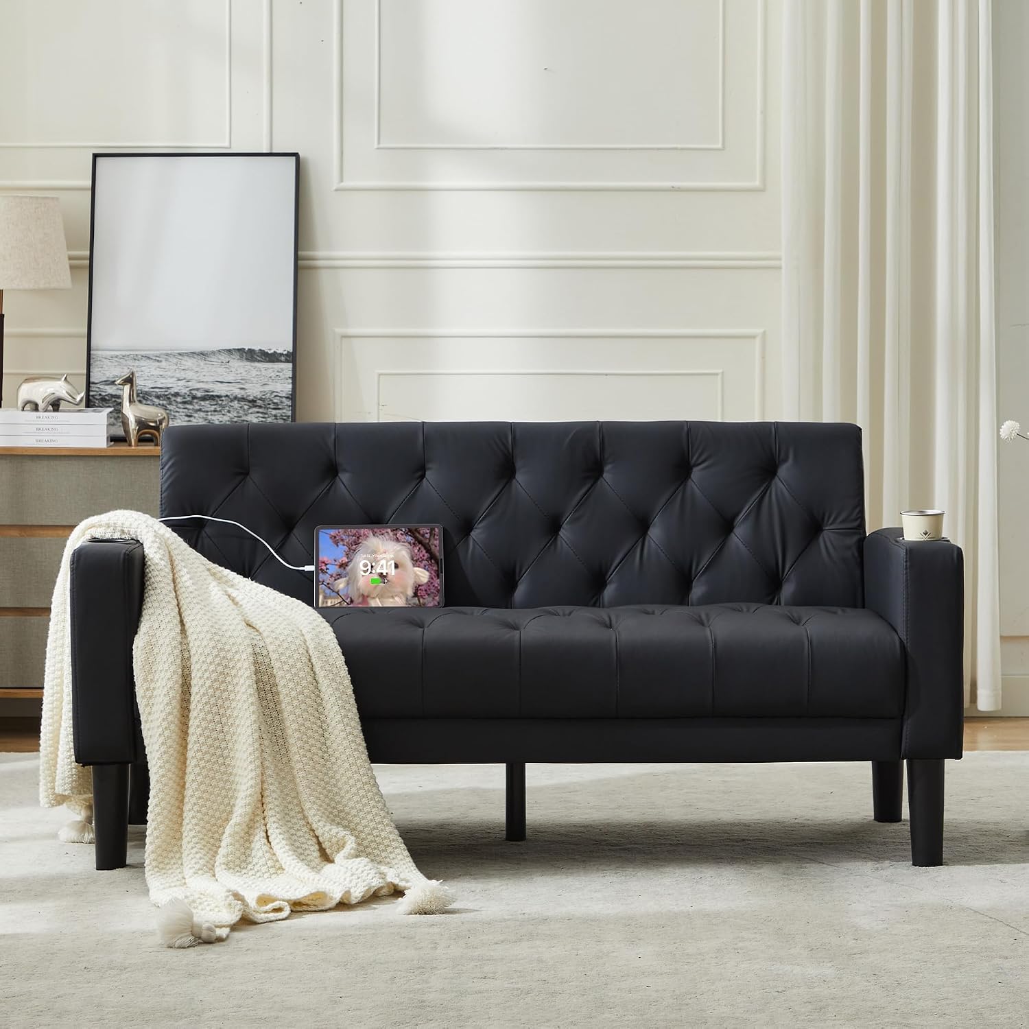 TYBOATLE 62' W Loveseat Sofa w/ 2 USB Charger Ports and 2 Cupholders, Mid-Century Modern Tufted Black Leather Small Love Seat Couches for Compact Living Room, Office, Bedroom, Apartment, Dorm