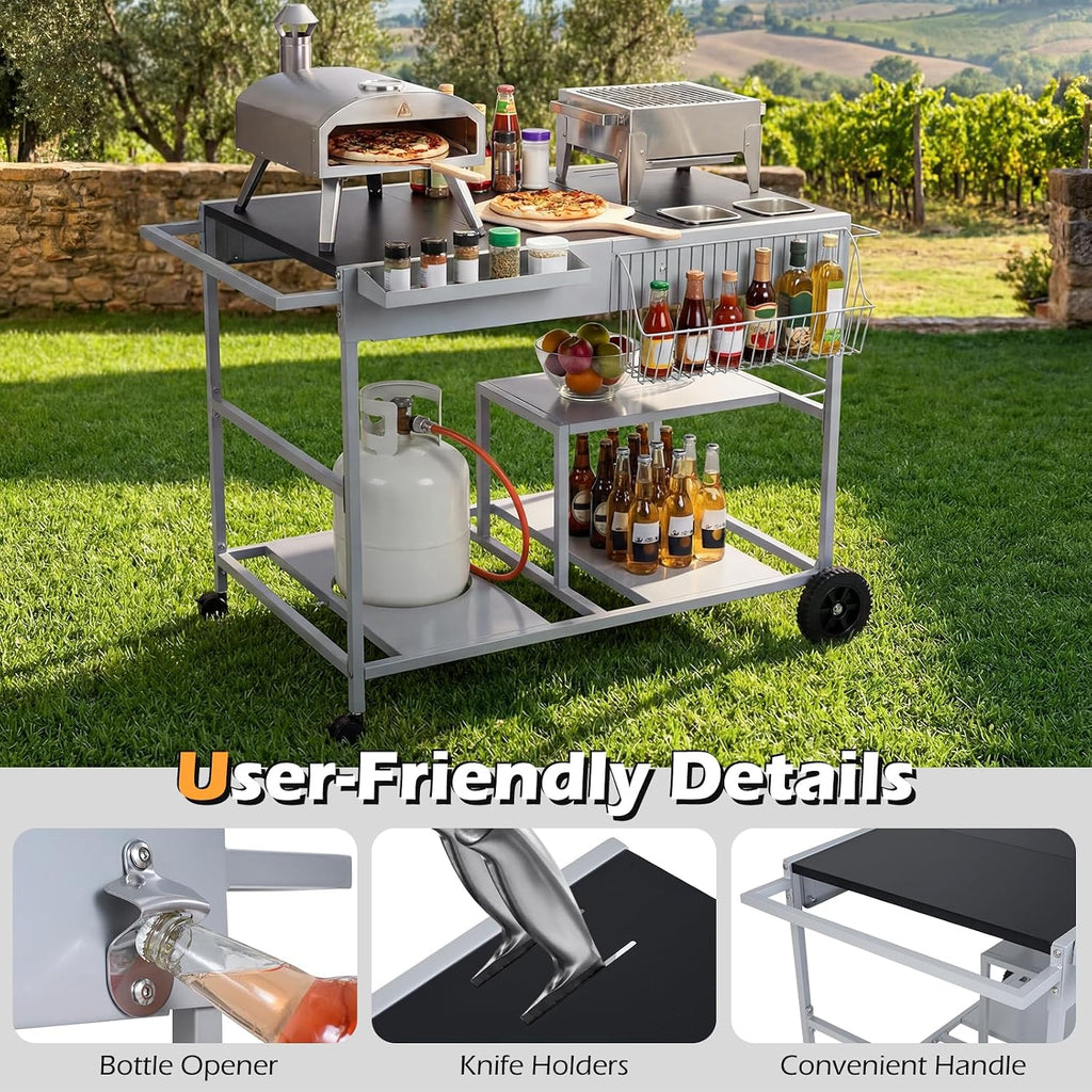 HAPPYGRILL Outdoor Grill Cart, Movable BBQ Pizza Oven Stand w/Lockable Wheels, Grill Tables w/Garbage Bag Holder, Removable Hooks, Portable Cooking Prep Table for BBQ Party