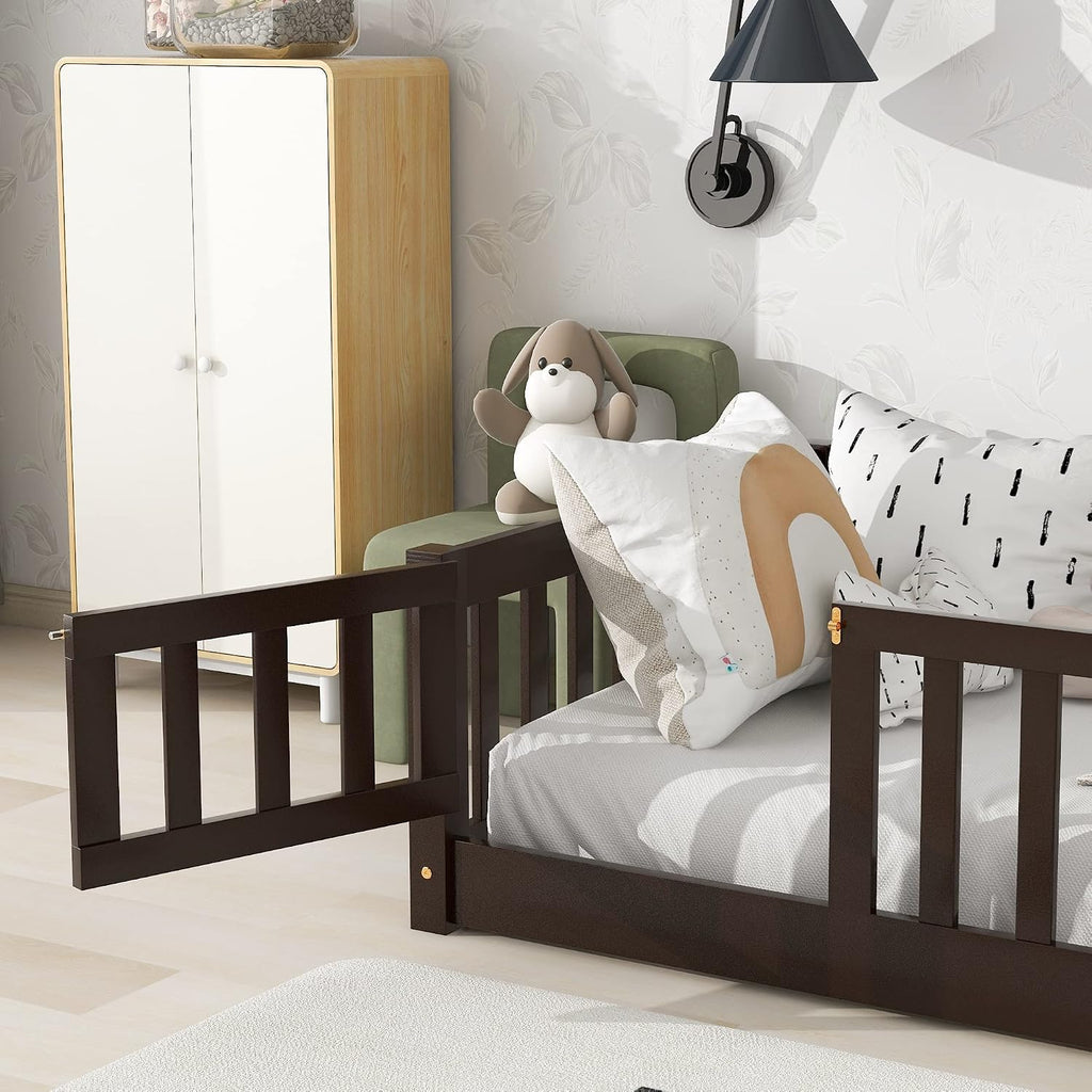 Bellemave Floor Bed for Kids,Twin Size Montessori Floor Bed with Door and Fence,Solid Wood Twin Bed Frame with Removable Slats for Girls Boys,Twin,Espresso