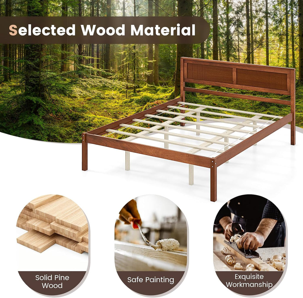 KOMFOTT Queen Size Wood Platform Bed Frame with Headboard, Solid Wood Bed Frame with Slat Support, 10-Leg Support, Under Bed Storage, 16' Mattress Foundation Bedroom Furniture, No Box Spring Needed