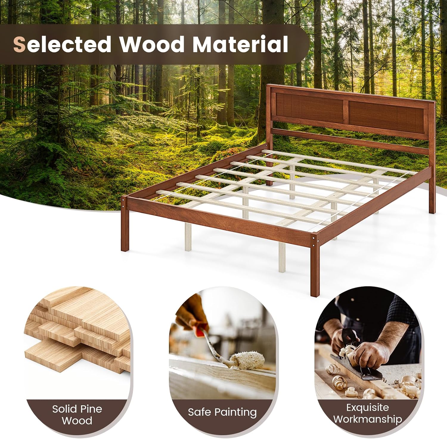 KOMFOTT Queen Size Wood Platform Bed Frame with Headboard, Solid Wood Bed Frame with Slat Support, 10-Leg Support, Under Bed Storage, 16' Mattress Foundation Bedroom Furniture, No Box Spring Needed