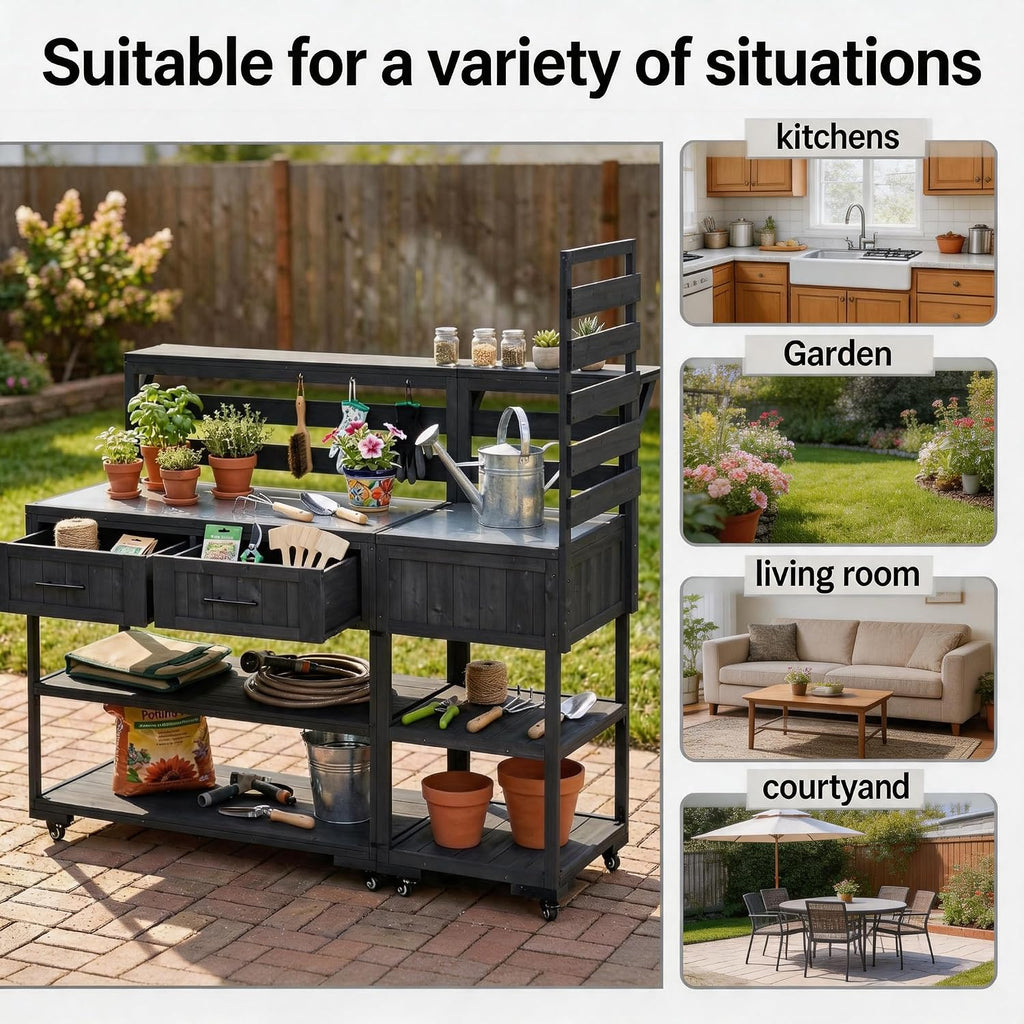 Outdoor Kitchen Island with Stainless Steel Top, 62 in | Fir wood, stainless steel top, raised shelf, modular 2-cart design, lockable wheels, BBQ prep, 62.3 W x 28.6 D x 65 H in