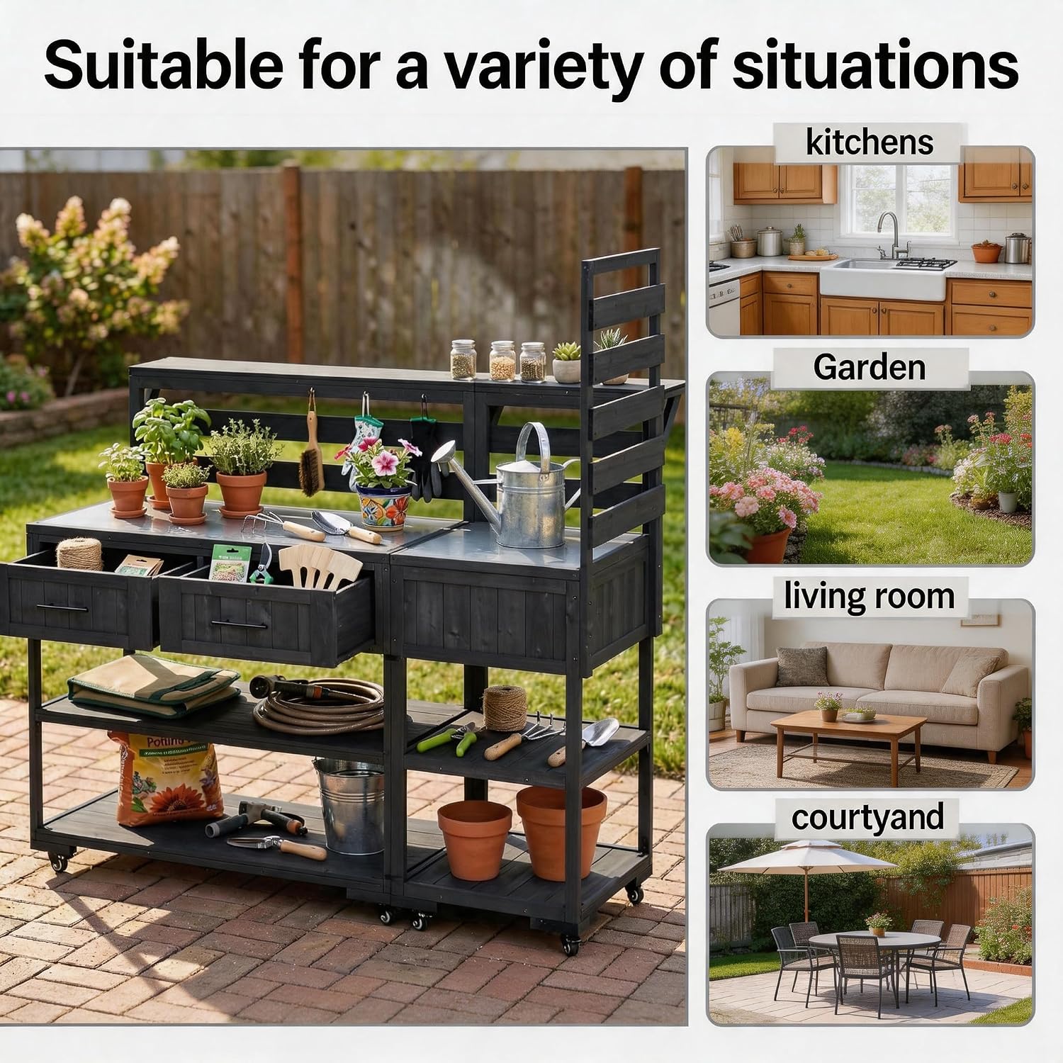 Outdoor Kitchen Island with Stainless Steel Top, 62 in | Fir wood, stainless steel top, raised shelf, modular 2-cart design, lockable wheels, BBQ prep, 62.3 W x 28.6 D x 65 H in