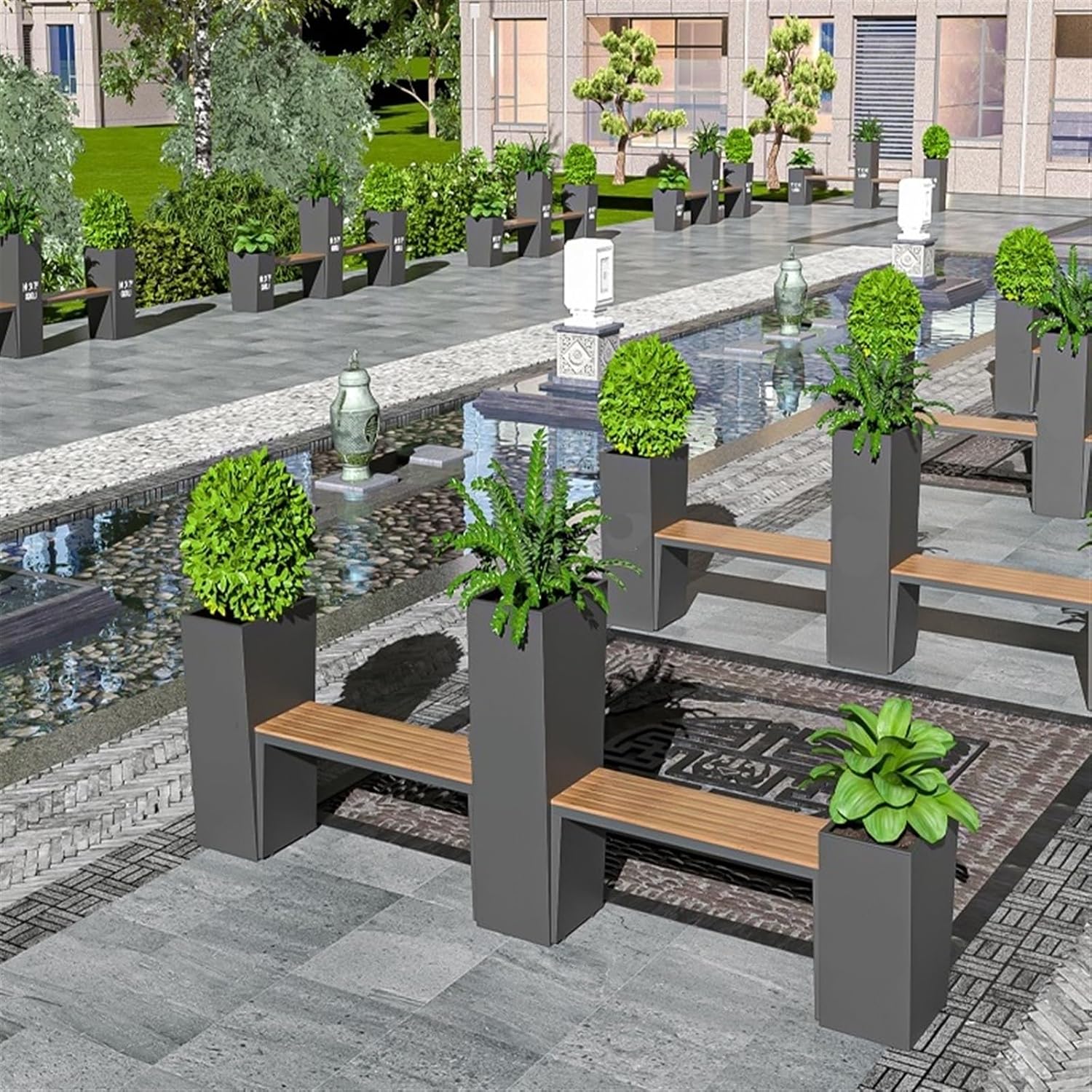 Bench with Planter Box, Outdoor Metals Raised Planter Bench and Garden Bench Combination Set Large Elevated Outdoor Garden Kit Includes 2 Benches and 3 Varying Heights Planter Bench Garden Bench(L 290