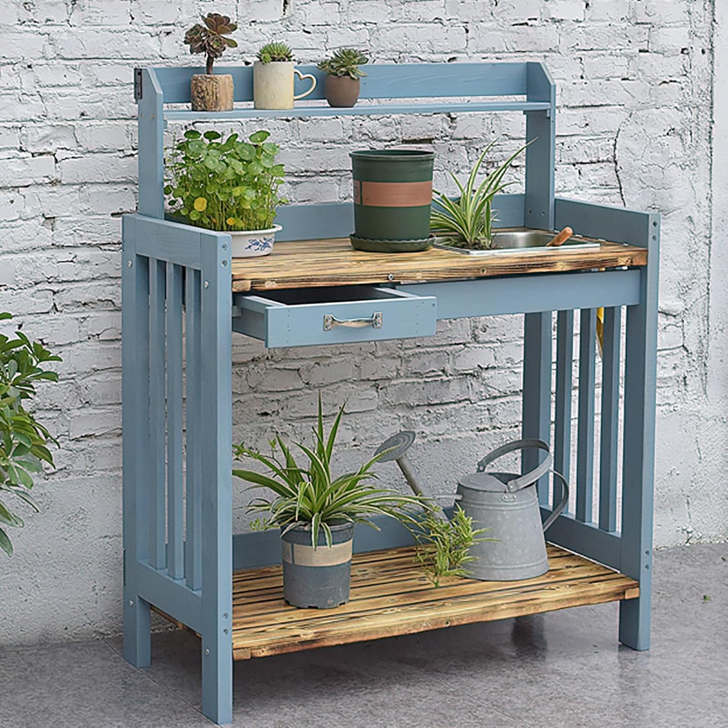 Outdoor Potting Bench, Pine Work Station Table Outdoor Garden Potting Table with Removable Sink, Tools Drawer, 3 Tier Open Shelf & 3 Side Hooks, All-Weather Garden Table Work Station(Blue)