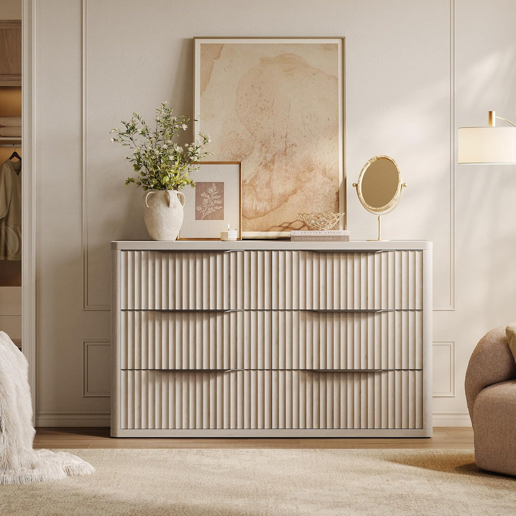 SICOTAS Dresser for Bedroom 107' Wide 6 Drawer Dressers & Chests of Drawers for Closet Long Large Modern TV Stand Set for Clothes Storage Fluted Wide Clothes Closet for Hallway Entryway, White Alder