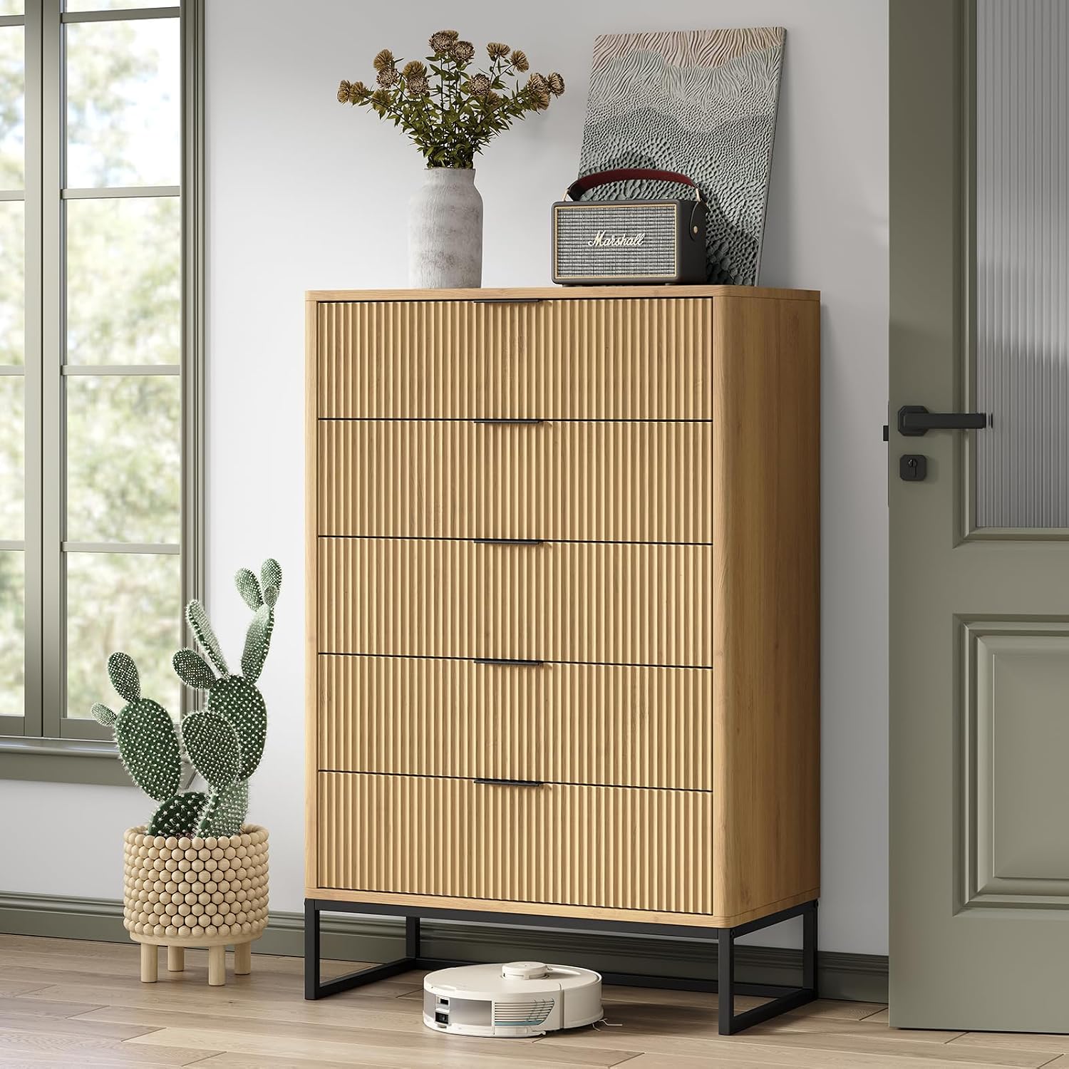 Furniouse Fluted 5 Drawers Dresser,Storage Drawers,Modern Closet Dressers Chest of Drawers, Wood Storage Dresser Organizer for Bedroom