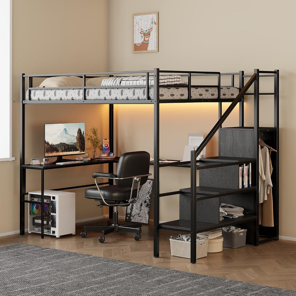 Full Size Loft Bed with L-Shaped Desk and Built-in Storage Shelves & Wardrob, Convertible Stairs, Metal Loft Bed Frame with LED Light & Charging Station, for Teens/Adults (Black)