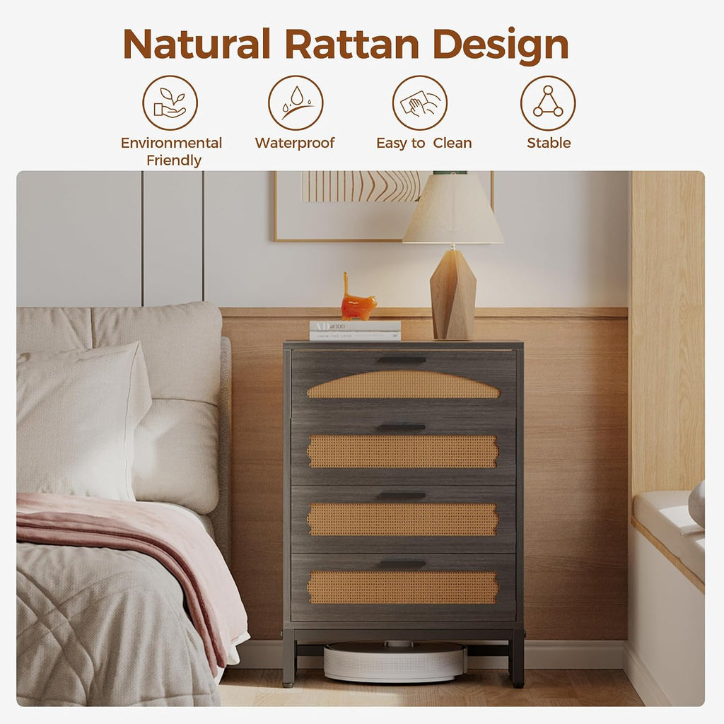 Mericonia 4 Drawer Rattan Dresser for Bedroom, Wood Tall Dresser for Closet with Metal Handles, Boho Nightstand Sets, Dressers & Chests of Drawers for Bedroom, Hallway and Entryway, Black