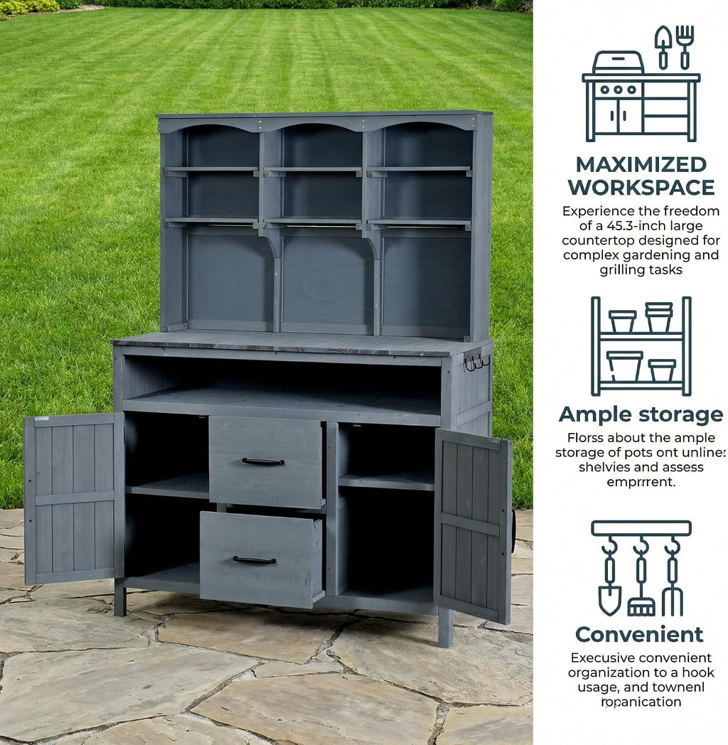 Polibi Large Fir Wood Potting Bench 45.3' Outdoor Patio Kitchen Island with Hutch, Cabinets, Drawers & Hooks, Multi-Functional Gardening Workbench for Grill, Gray