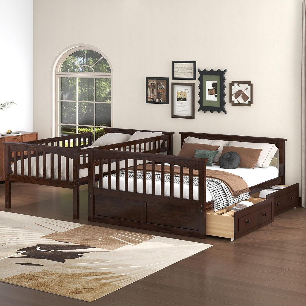 Harper & Bright Designs Convertible Wood Twin Over Full Bunk Bed with 2 Storage Drawers and Ladder - Can Be Divided Into Two Daybeds, Espresso