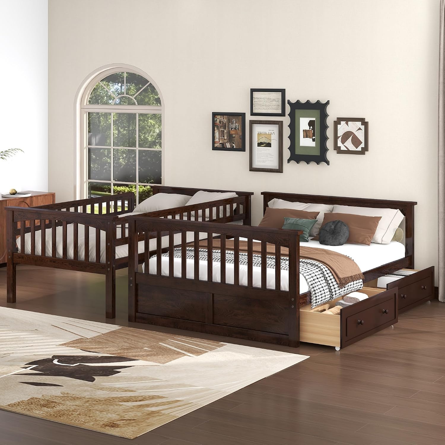 Harper & Bright Designs Convertible Wood Twin Over Full Bunk Bed with 2 Storage Drawers and Ladder - Can Be Divided Into Two Daybeds, Espresso