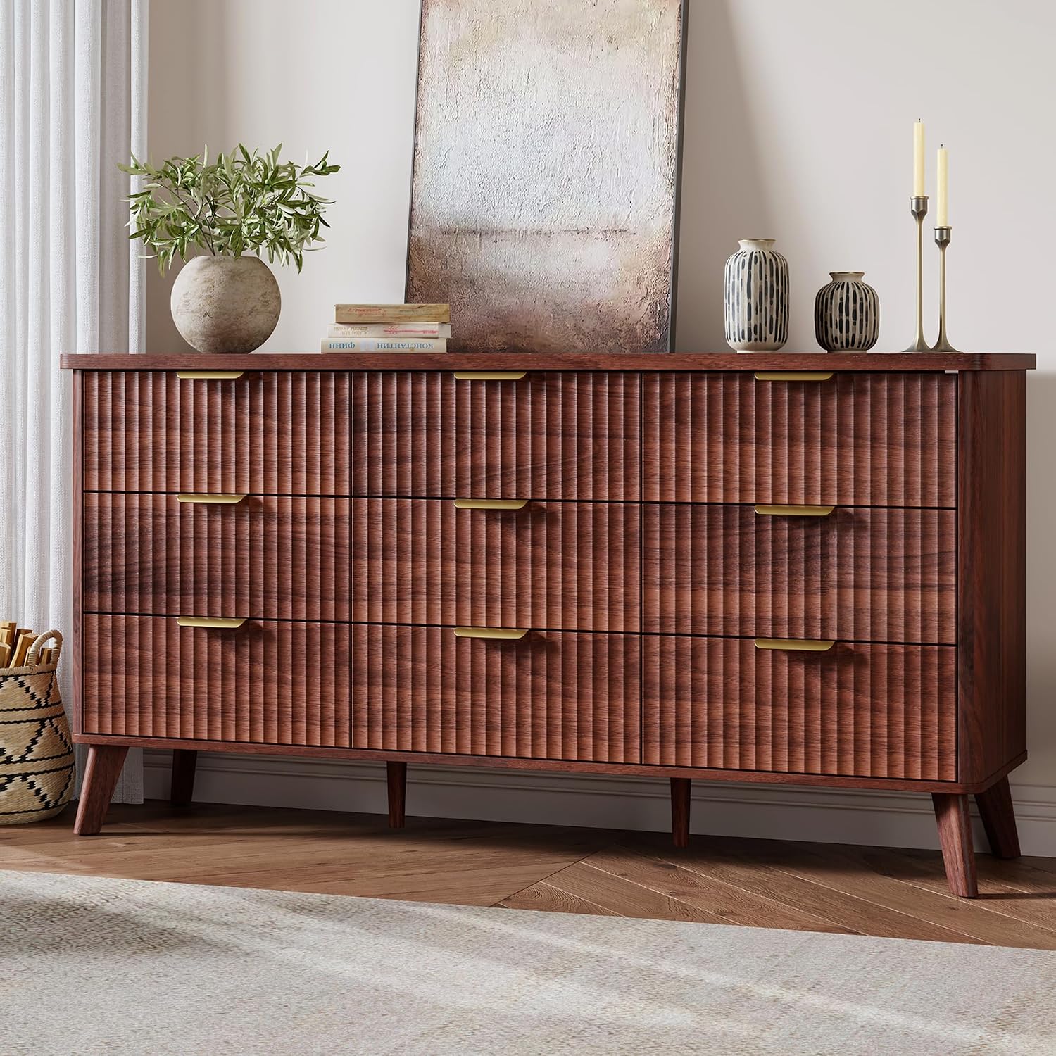 GarveeHome Fluted Dresser for Bedroom with 9 Deep Drawers, 60.6 in Wide Modern Chest of Drawers, Wooden Dresser TV Stand, Curved Profile Design, for Living Room, Kids Room, Hallway, Walnut