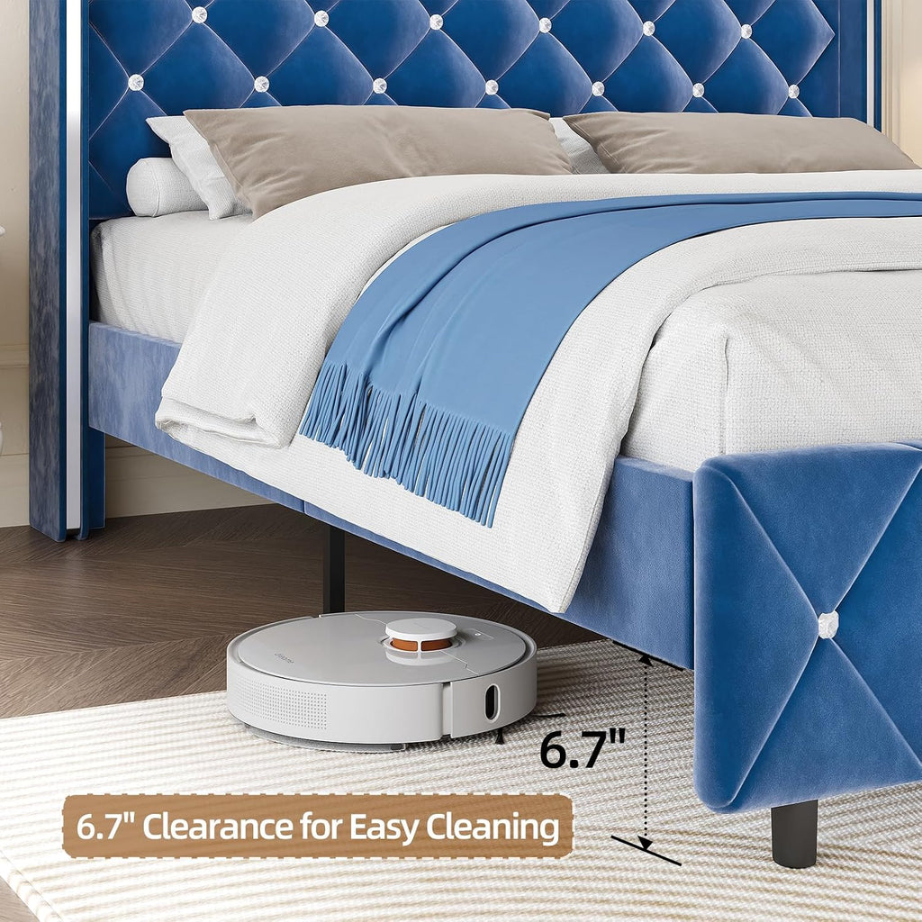 HOMBCK King Size Bed Frame with Headboard, Upholstered Bed with Diamond Tufted Design Design, Modern King Size Bed with Wingback, No Box Spring Needed, Easy Assembly, Blue