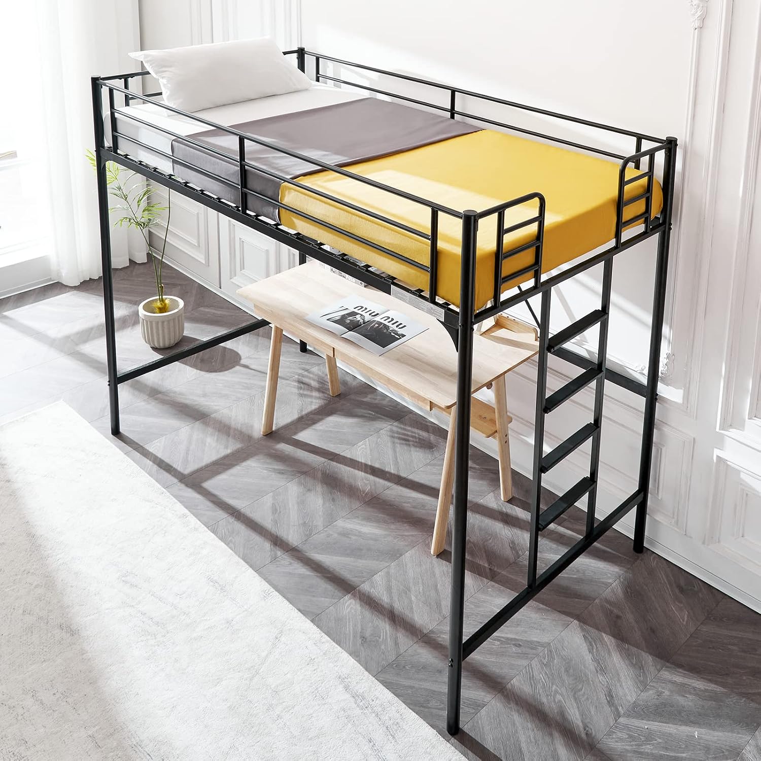 VINGLI 71 Inches Tall Loft Bed Twin Size with Flat Ladder Rung for Kids Teens Adults Heavy Duty Metal Single Bunk Bed Loft with Safety Guard Rails for Small Space, Black