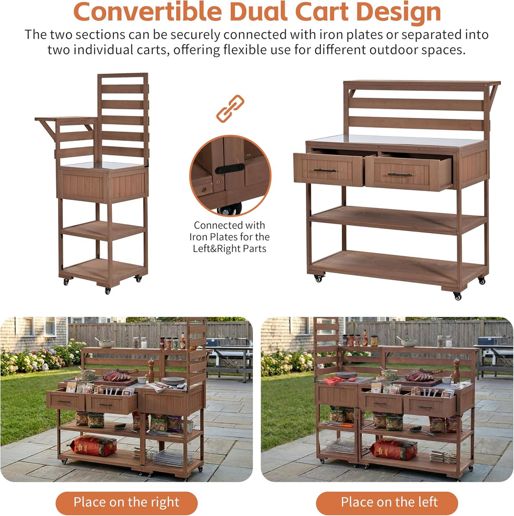 Outdoor Kitchen Island with Stainless Steel Top, 62 in | Fir wood, stainless steel top, raised shelf, modular 2-cart design, lockable wheels, BBQ prep, 62.3 W x 28.6 D x 65 H in