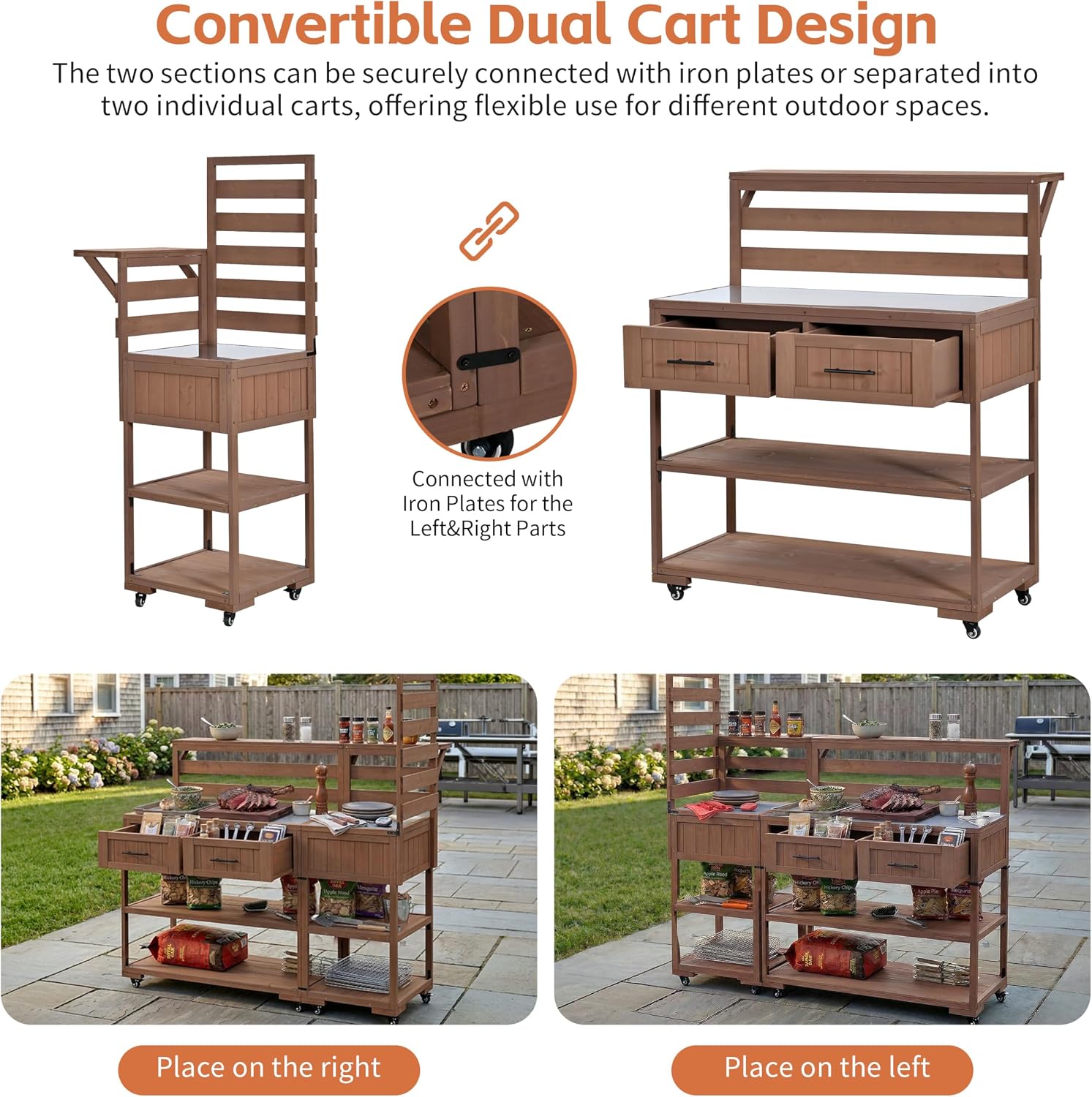 Outdoor Kitchen Island with Stainless Steel Top, 62 in | Fir wood, stainless steel top, raised shelf, modular 2-cart design, lockable wheels, BBQ prep, 62.3 W x 28.6 D x 65 H in