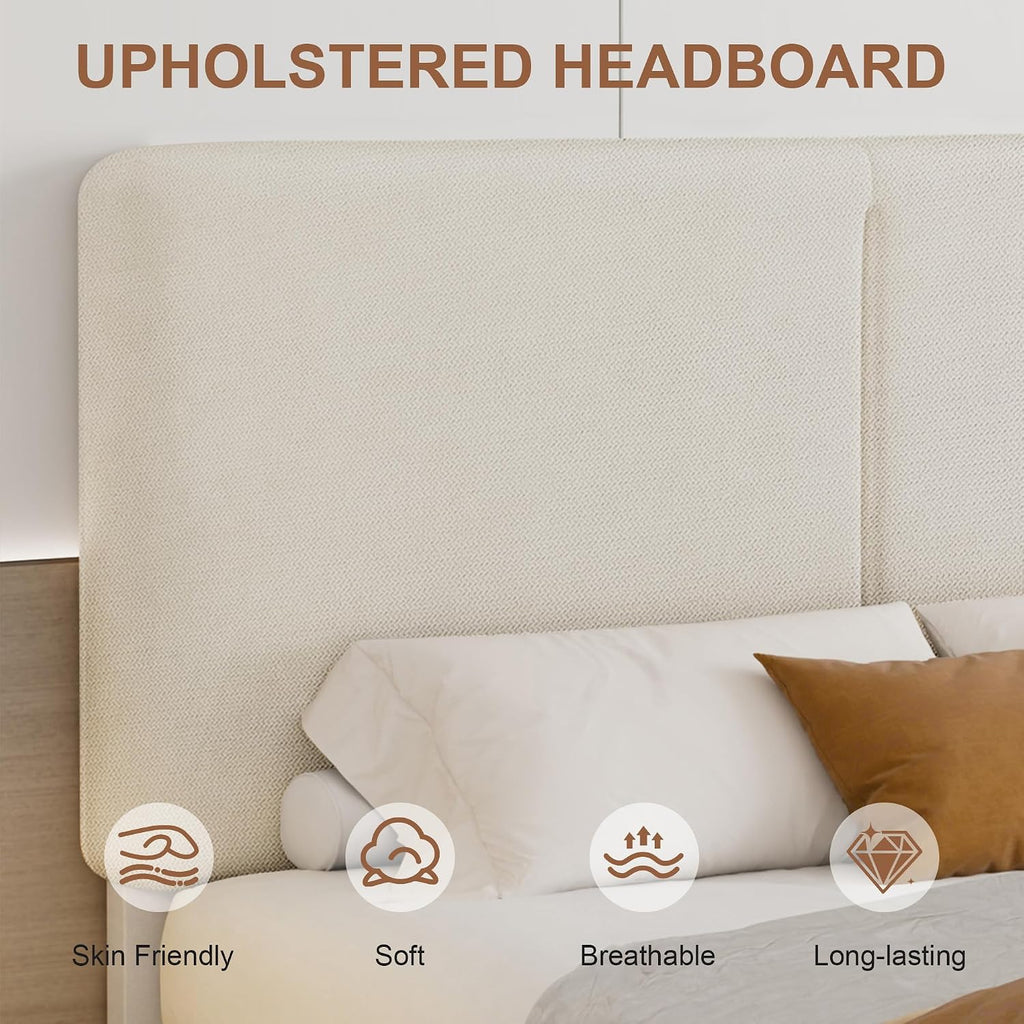 VECELO Queen Size Bed Frame Upholstered Platform Beds with Height-Adjustable Cotton and Linen Headboard, Heavy Duty Wood Slats, 6' Under-Bed Space, Noise-Free, No Box Spring Needed, Easy Assembly