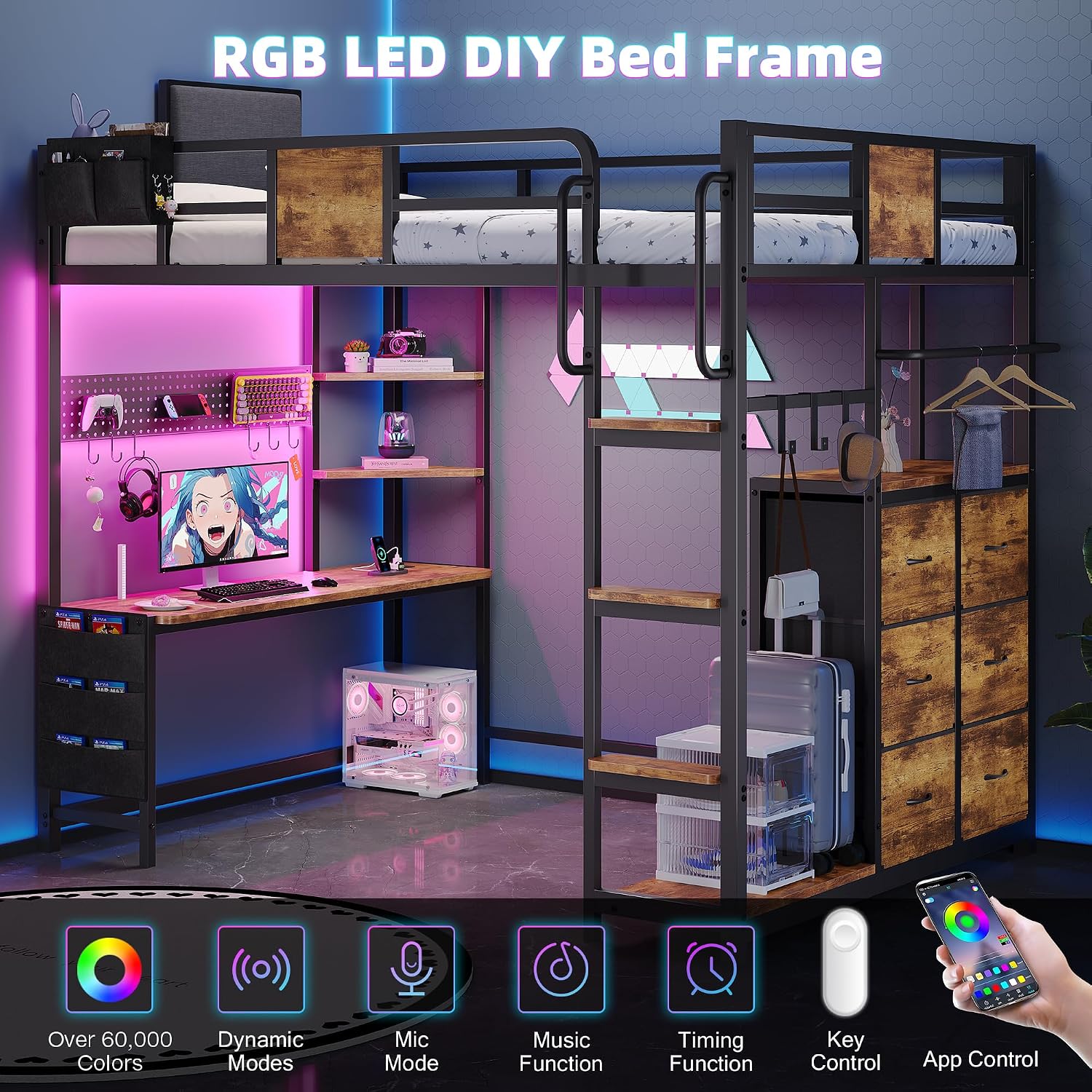 Dnxao Twin Loft Bed with Desk, Twin Bed Frame with 6 Storage Drawers, 2 Bedside Organizer,3 Movable Hooks,LED Lights & Charging Station,Bunk Bed with Desk, Clothes Rack,Safety Guardrail,Rustic Brown
