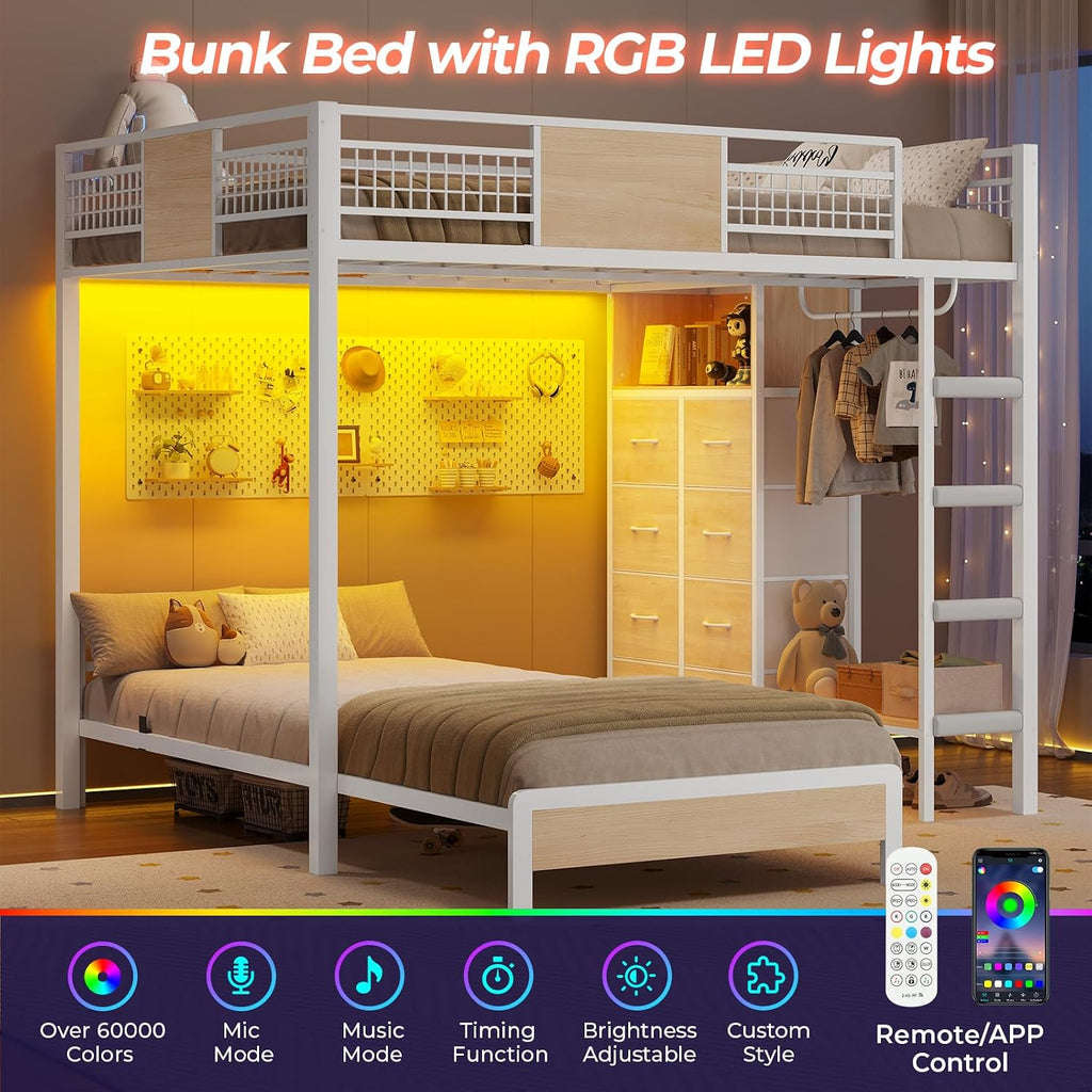 ADORNEVE Full Over Twin Bunk Bed with 8 Storage Drawers, Metal Loft Bed with Led Lights & Storage Shelves, Bunk Beds Twin over Full Size with 13.4' H Safety Guardrail & Ladder, for Kids & Teens, White