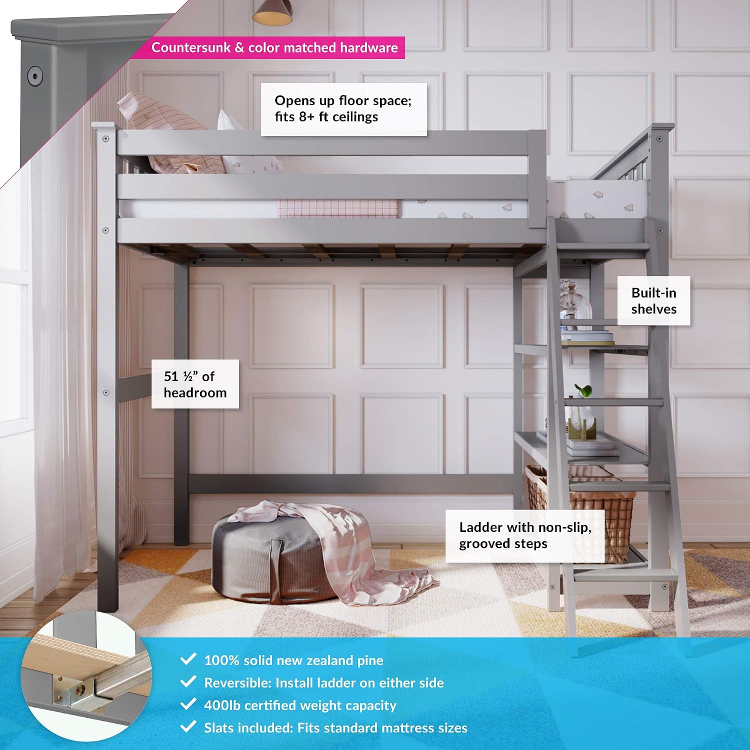 Max & Lily High Loft Bed, Twin Bed Frame For Kids With Bookcase, Grey