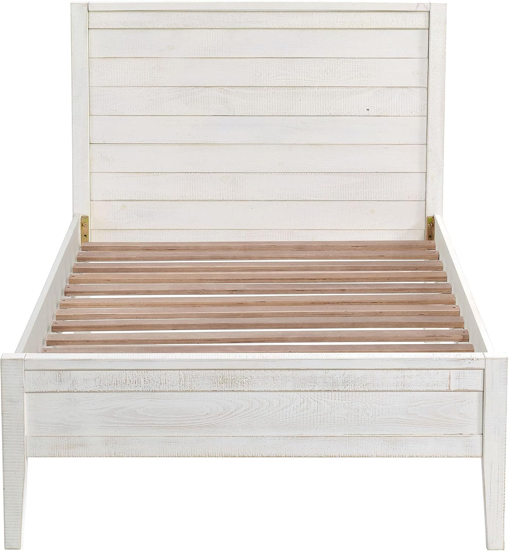 Alaterre Furniture Windsor Bed Frame with Headboard and Footboard - Solid Wood Twin Platform Bed Frame with Wood Slat Support - No Box Spring Needed, Easy Assembly (White Driftwood, Panel Headboard)