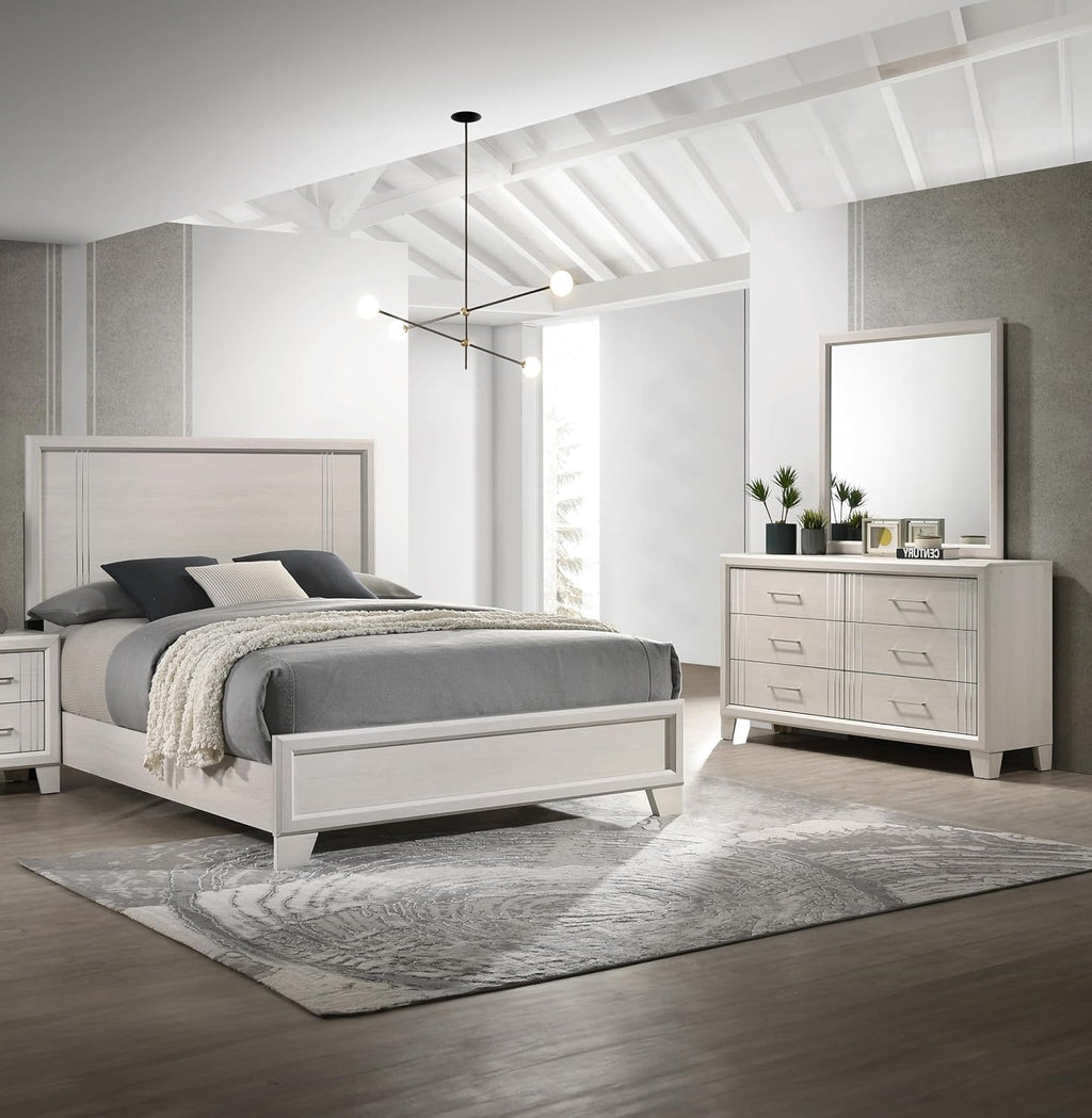 Beautiful Lustrous White Cream Finish Full Size Panel Bed Wooden 3pc Bedroom Set