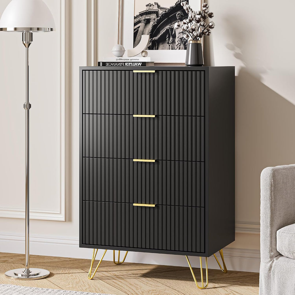 MAISONARIA Black Dresser for Bedroom, 4 Drawer Dresser with Gold Metal Handles & Chests of Drawers, Chests of Drawers for Hallway, Bedroom
