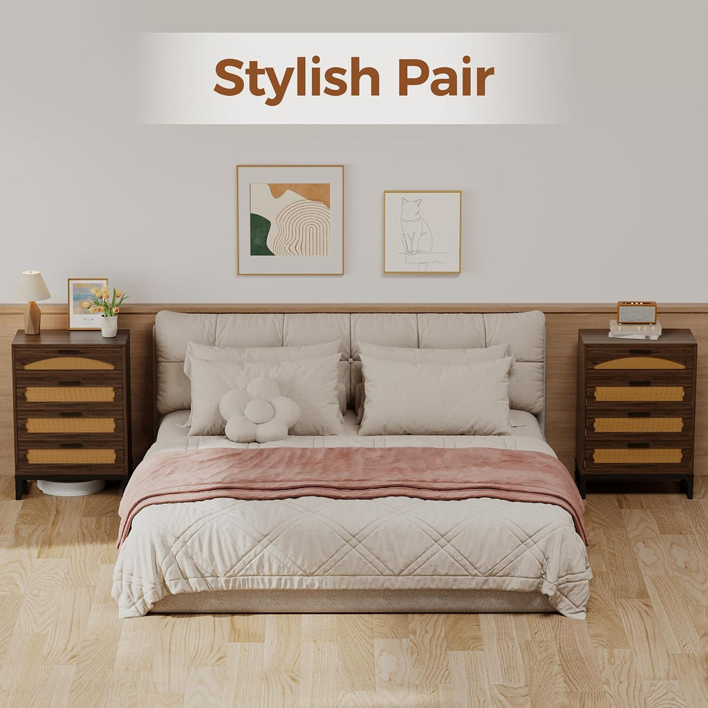 Mericonia 4 Drawer Rattan Dresser for Bedroom, Wood Tall Dresser for Closet with Metal Handles, Boho Nightstand Sets, Dressers & Chests of Drawers for Bedroom, Hallway and Entryway, Walnut