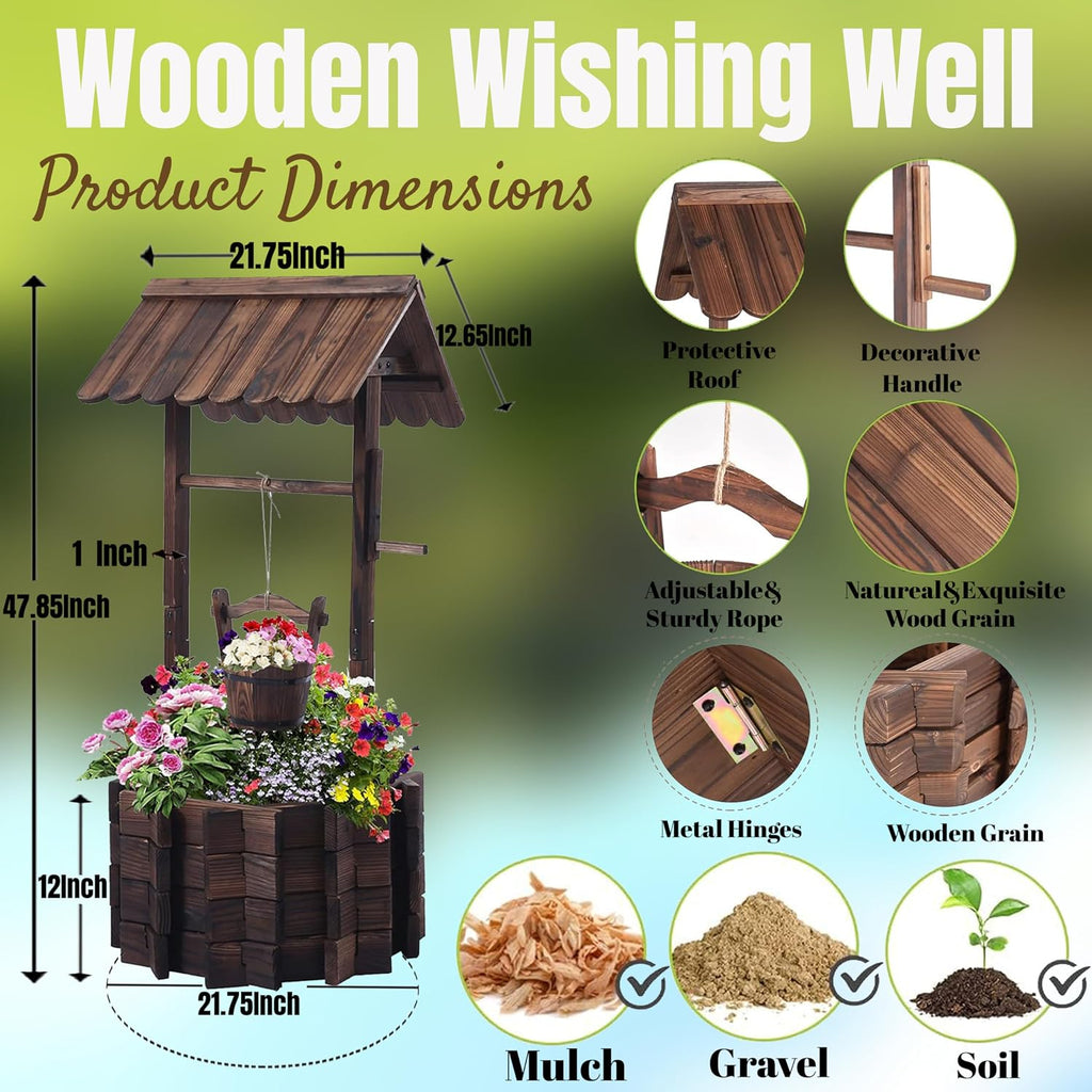NestNature 21.75' Carbonized Wooden Wishing Well Planter for Outside, Rustic Outdoor Wishing Well with 4 Reinforced Rods & Hanging Bucket, Decorative Well Cover for Yard Garden Patio Lawn Backyard
