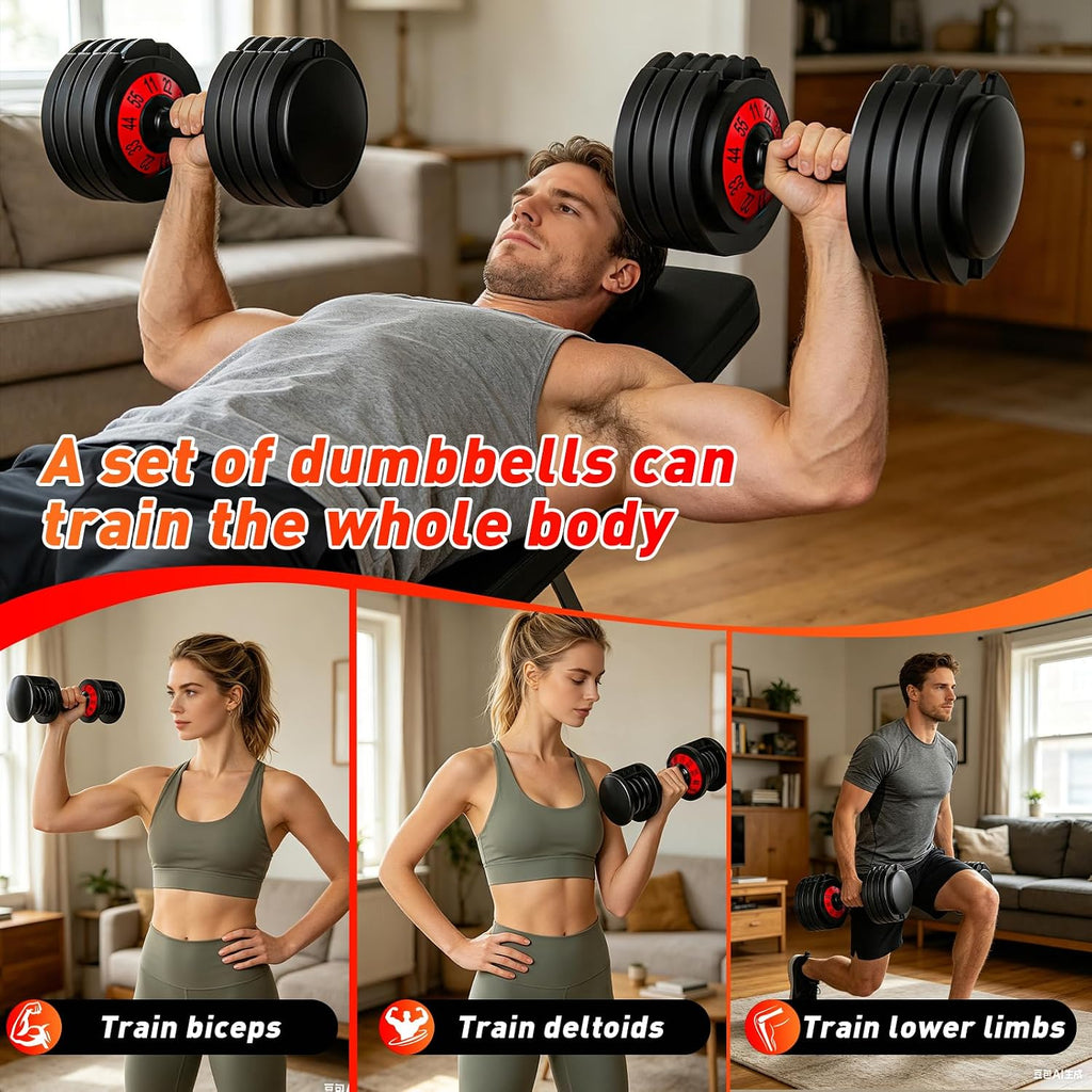 25/55lb Pair Adjustable Dumbbell Set, Adjustable Dumbbells Set of 2, 5 in 1/10 in 1 Free Weights Dumbbells Set with Anti-Slip Texture Handle, Weight Set For Home Gym Suit both Men and Women