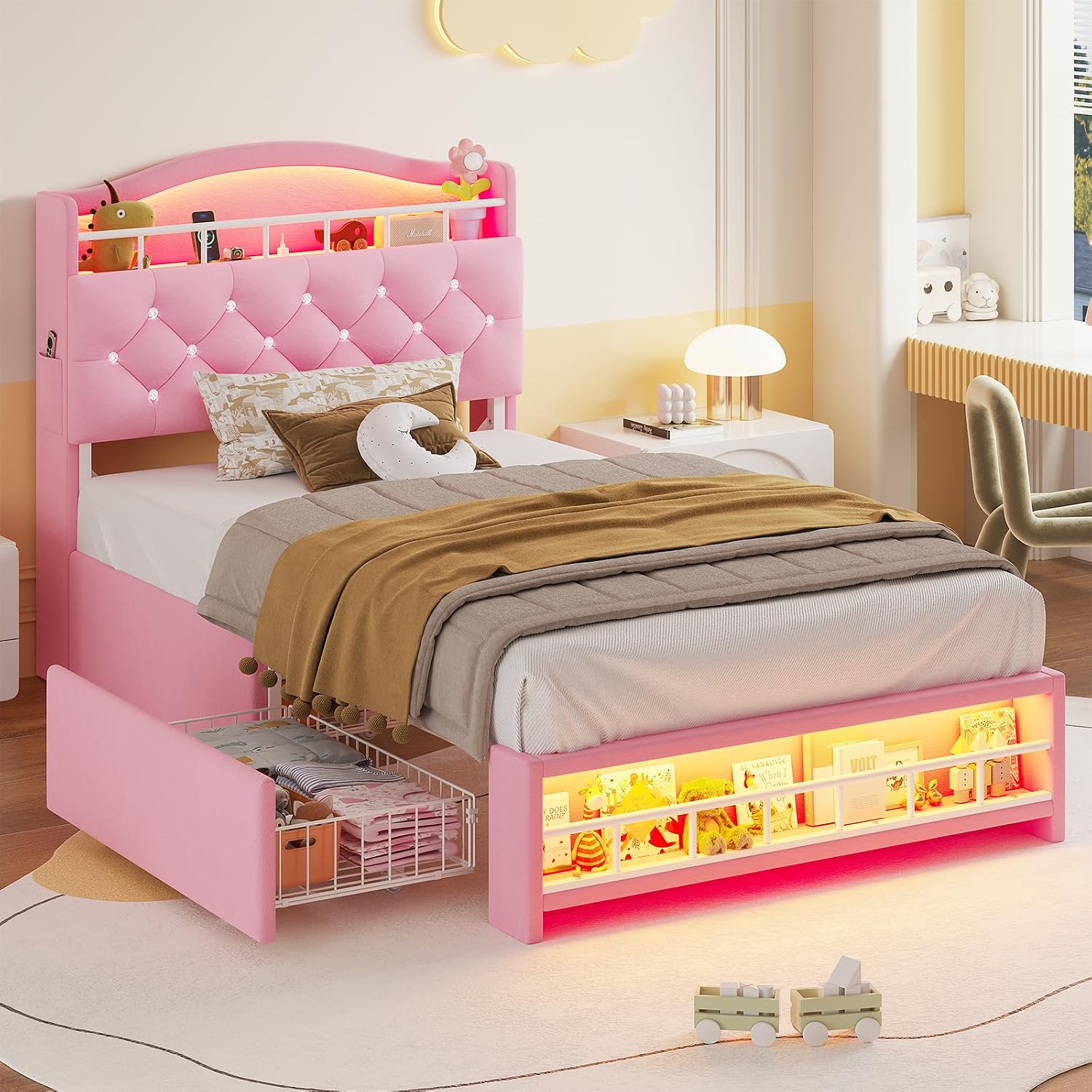 HAUOMS Twin Size Bed Frame with LED Lights & 4 Drawers, Princess Velvet Upholstered Platform Bed for Girls, Headboard with Charging Station & Guardrail & Crystal Button, No Box Spring Needed, Pink