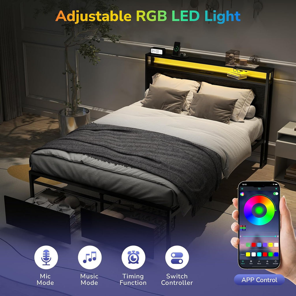 Zevemomo Full Bed Frame with 2 Storage Drawers, Bed Frame Full Size with Headboard, LED Light, Charging Station with 2 USB Ports & 2 AC Ports, Noiseless, Black