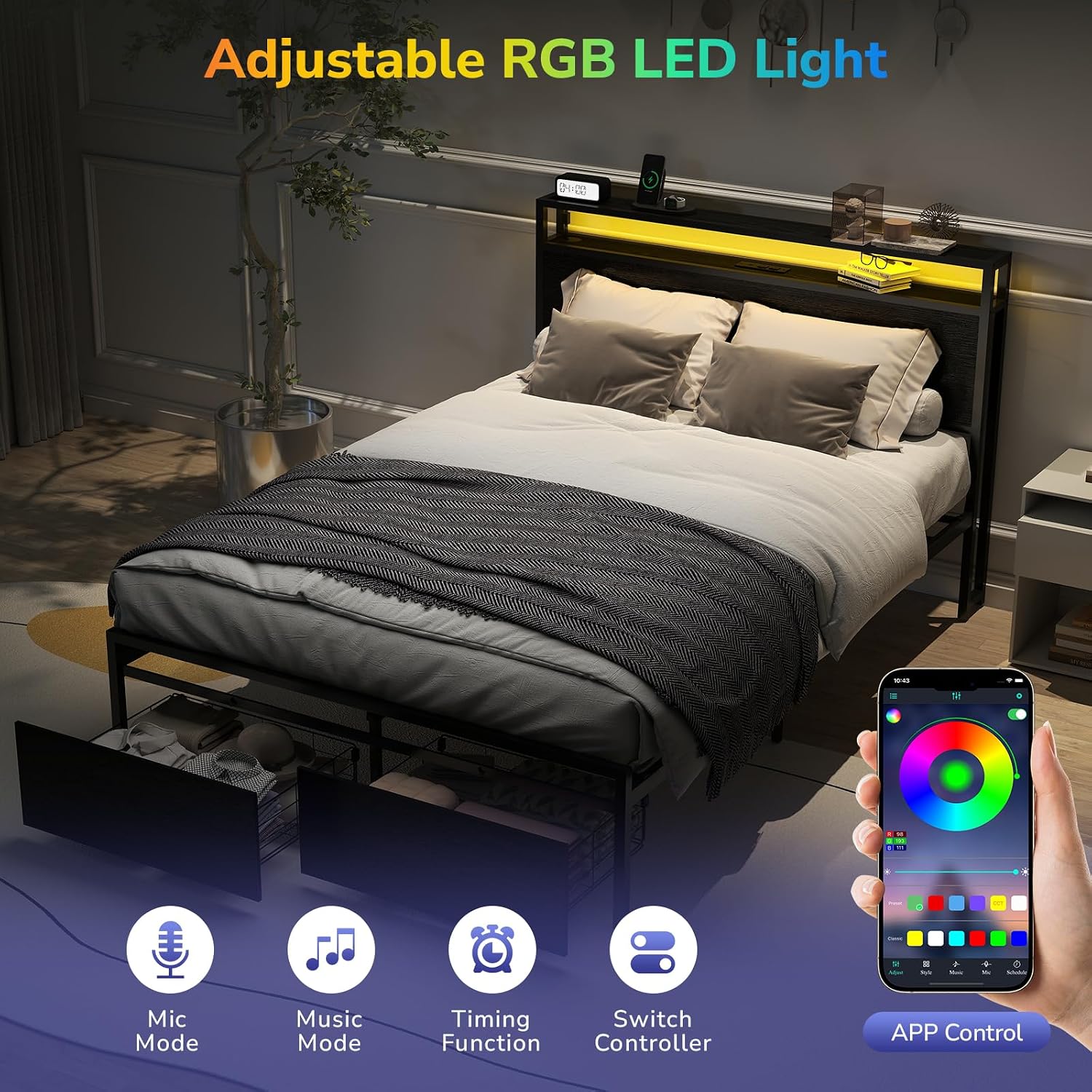 Zevemomo Full Bed Frame with 2 Storage Drawers, Bed Frame Full Size with Headboard, LED Light, Charging Station with 2 USB Ports & 2 AC Ports, Noiseless, Black