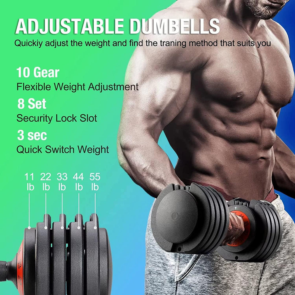 55 lbs Pair Adjustable Dumbbells Set, Adjustable Weights Dumbbells Set for Men and Women with Anti-Slip Fast Adjust Weight by Turning Handle,Black Dumbbell with Tray