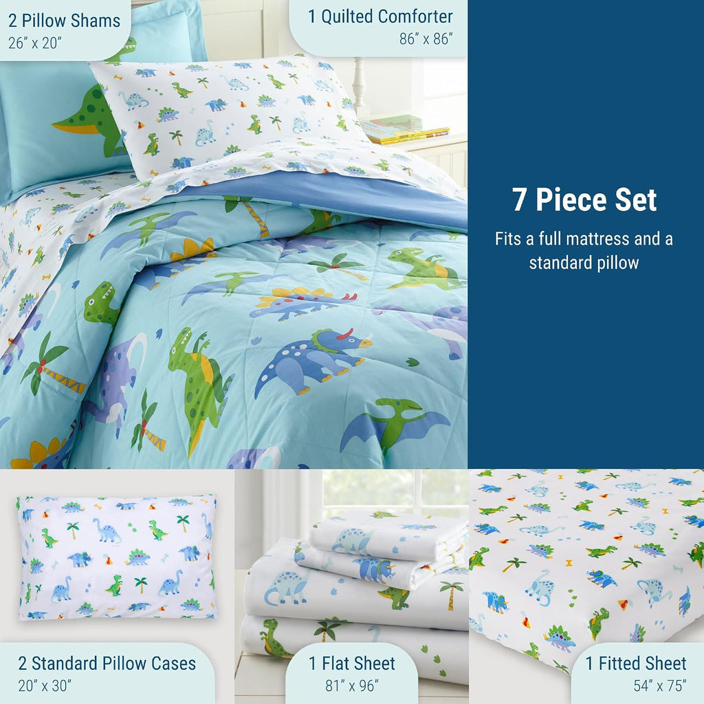 Wildkin 7-Piece Full Bedding Set – 100% Cotton Comforter, Sheets & Pillowcase for Cozy Cuddles (Dinosaur Land)