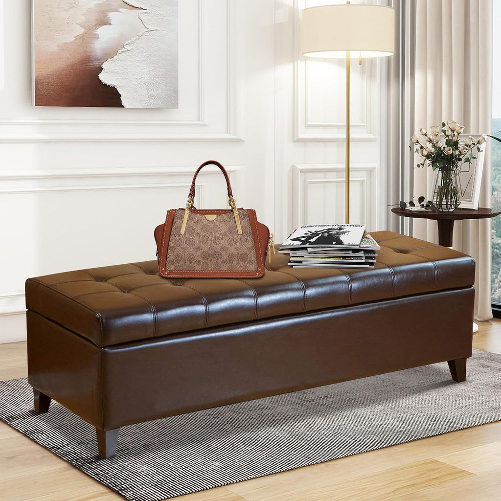 51-Inch Tufted Storage Ottoman Bench, Faux Leather Upholstered Footrest with Large Capacity, Modern End of Bed Bench for Bedroom, Living Room, Brown