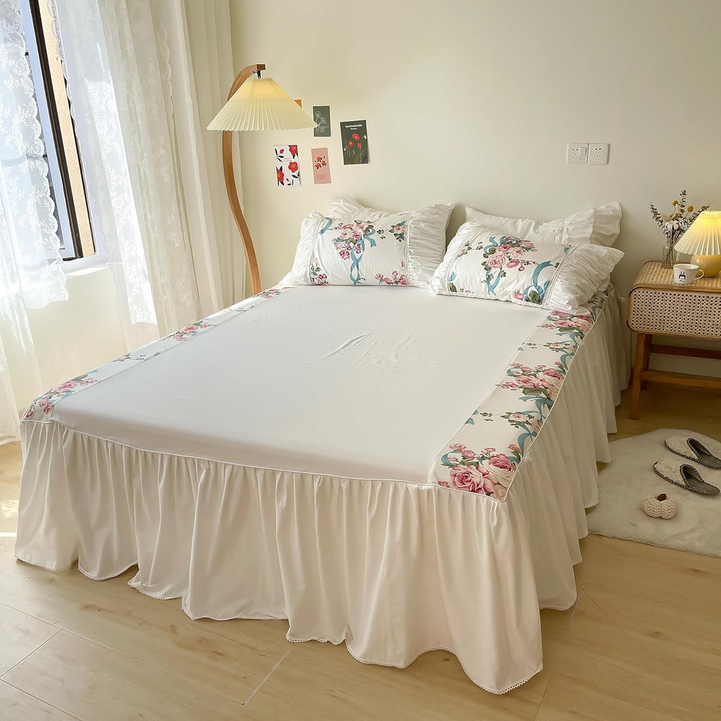 LELVA Vintage Wrinkle Design Duvet Cover Set Full Floral Romantic Ruffled Bedding for Girls 4 Piece White Bed Skirt