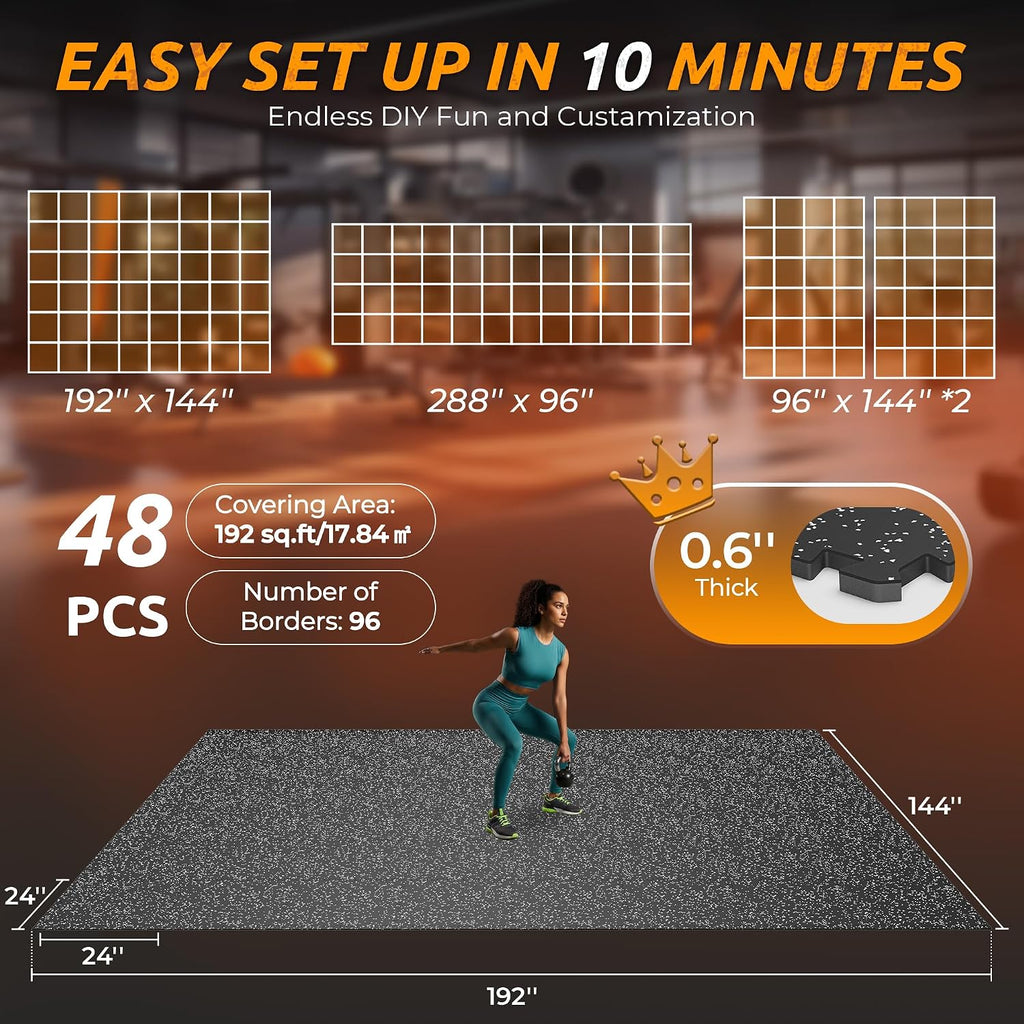 PRAISUN 0.6' Thicker Rubber Top Gym Flooring for Home Gym, 48 Pcs 192 Sq Ft Workout Mats, Exercise Mat, Interlocking Rubber Floor Mats with High Density EVA Foam for Garage, 24 x 24in, Black/Grey