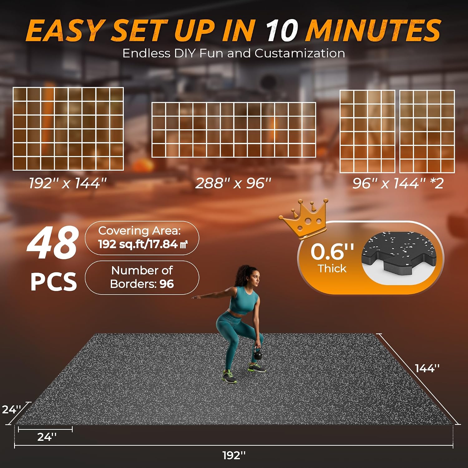 PRAISUN 0.6' Thicker Rubber Top Gym Flooring for Home Gym, 48 Pcs 192 Sq Ft Workout Mats, Exercise Mat, Interlocking Rubber Floor Mats with High Density EVA Foam for Garage, 24 x 24in, Black/Grey