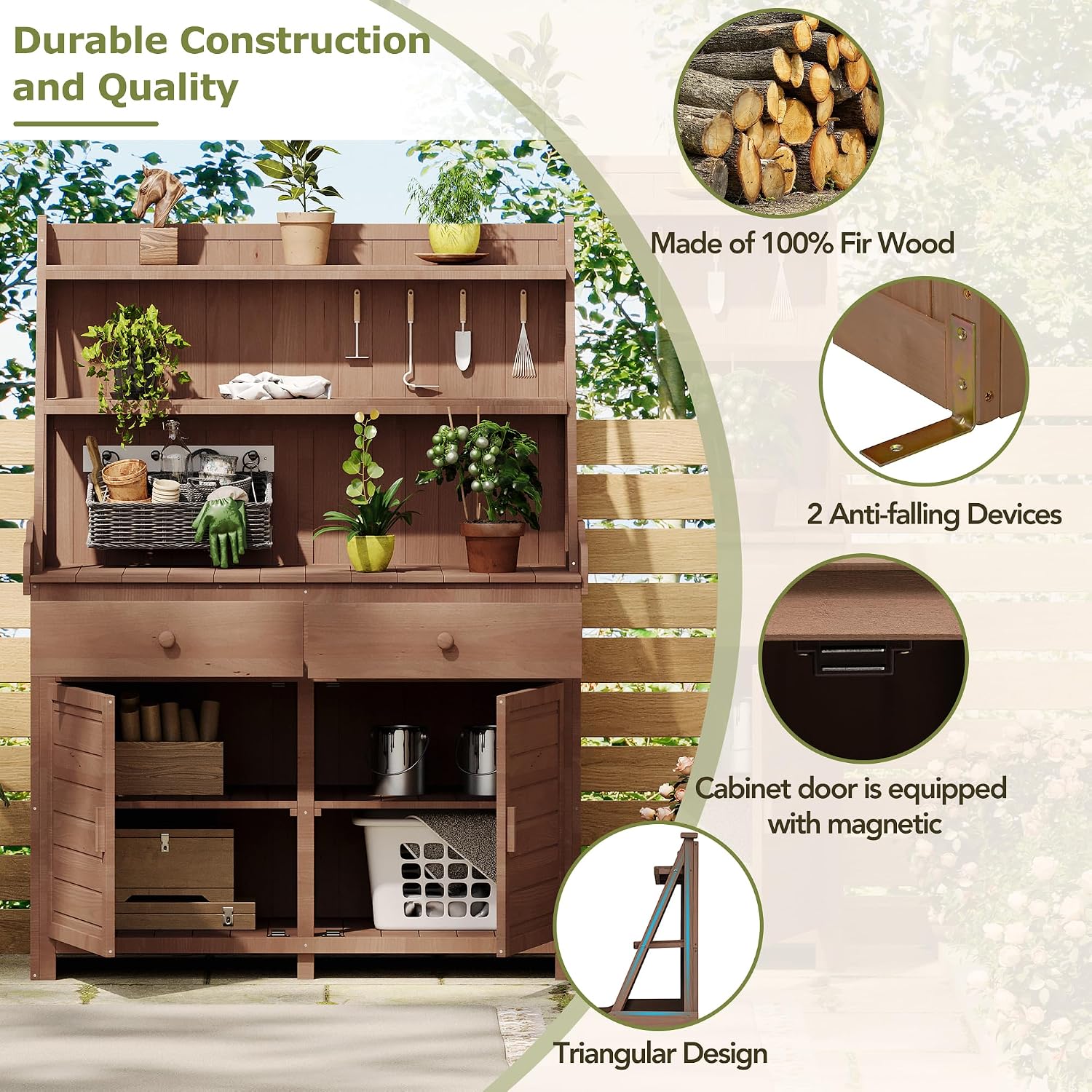65''H Garden Potting Bench Table, Fir Wood Workstation with 3-Tier Storage Shelf, Drawers and Cabinet (Brown, 65''H)