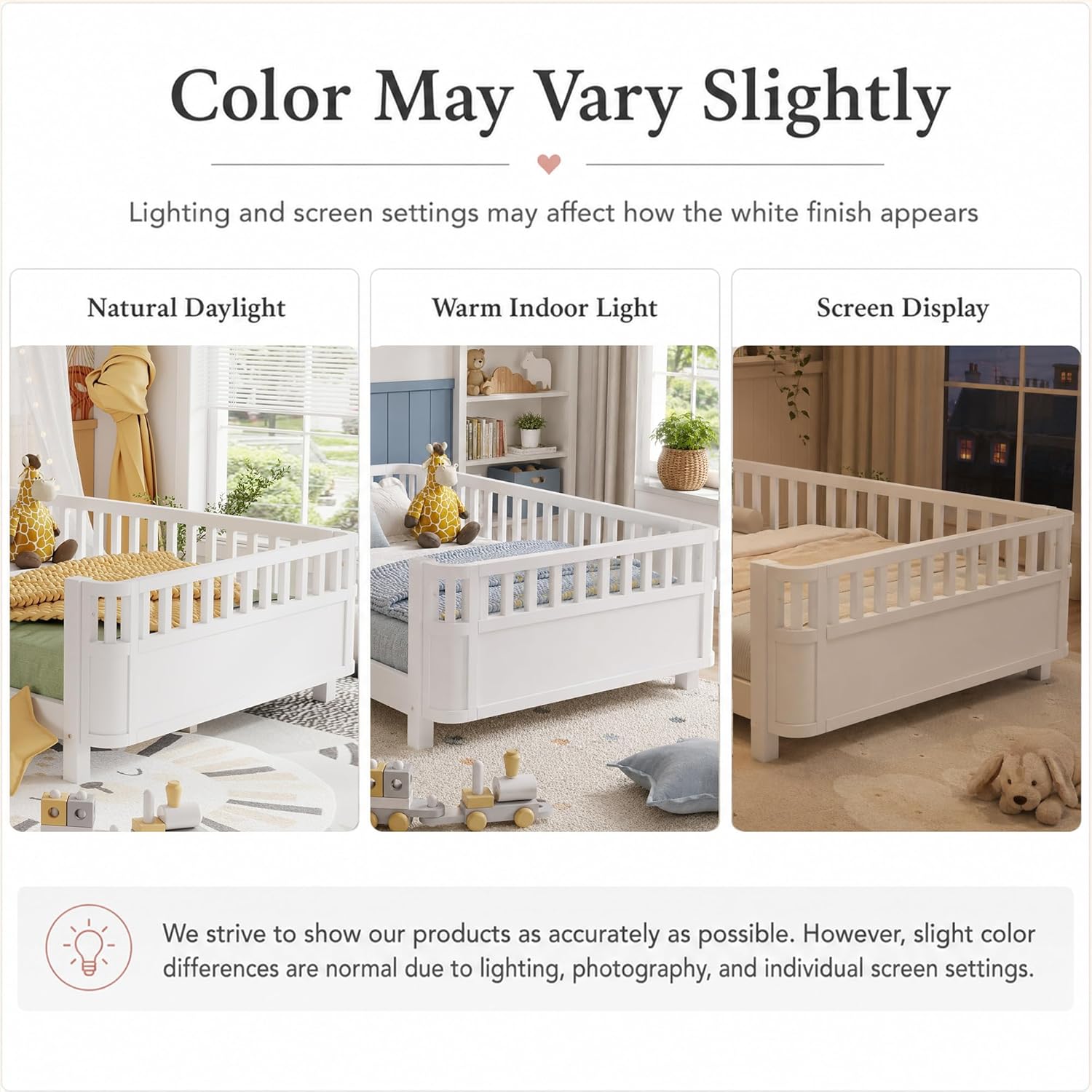 Full Size Kids Bed Frame, Low Profile Montessori Bed Full with Rails, Wood Daybed for Girls & Boys, No Spring Box Required, No Squeaks, White