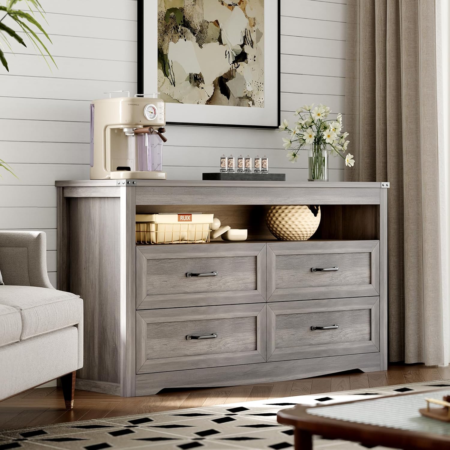 Dresser for Bedroom with 4 Drawers, Farmhouse Chest of Drawers with Natural Texture and LED Lights, Wide Wood Rustic Closet Storage Organizer, Modern Dresser TV Stand for Living Room, Entryway, Grey