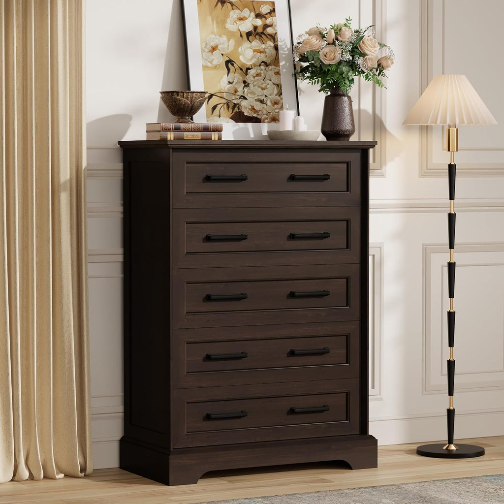 Furmax Farmhouse Dresser for Bedroom, 5 Drawers Dresser, Wood Chest of Drawers, 31.5' Wide Storage Dressers Organizer for Bedroom, Living Room (Brown)