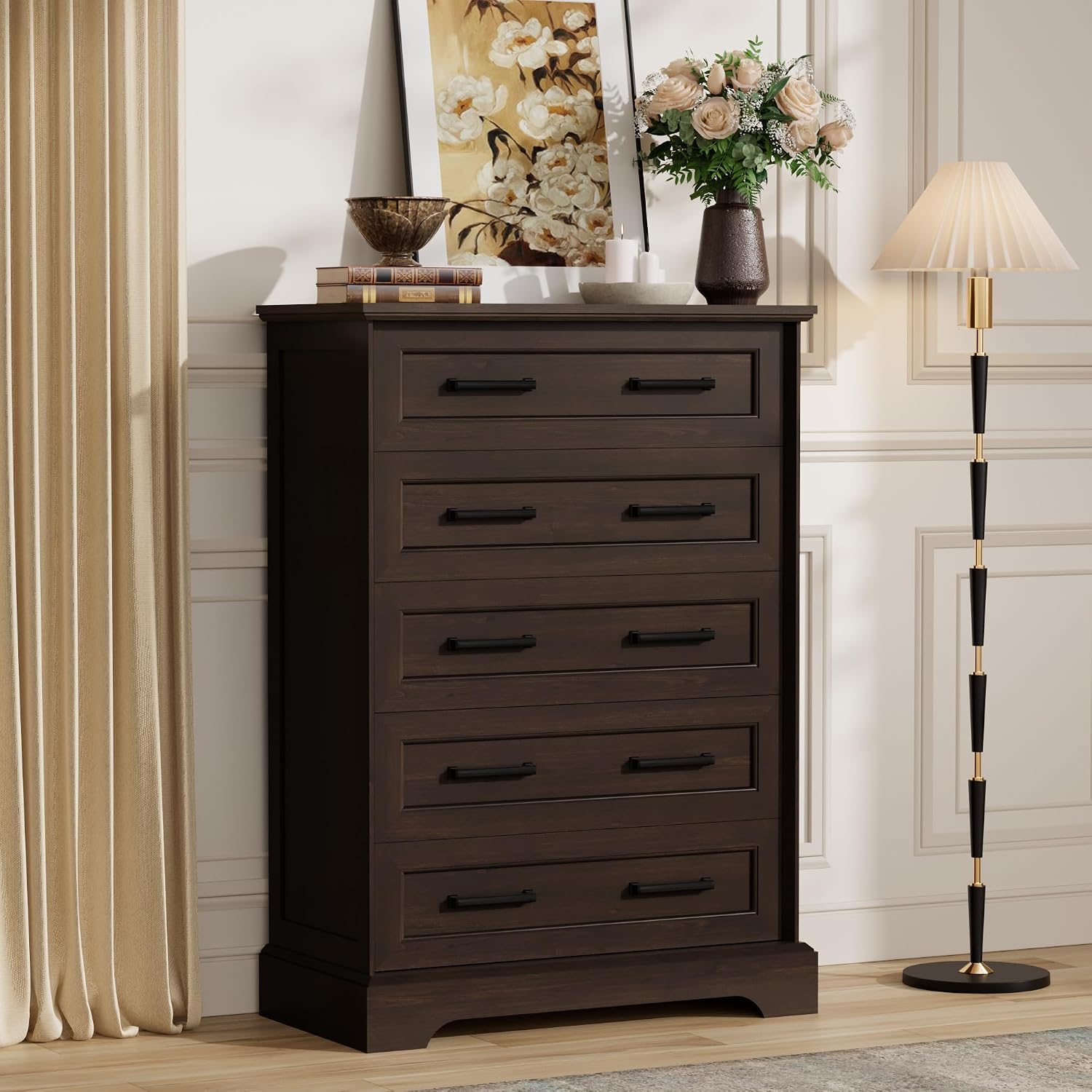 Furmax Farmhouse Dresser for Bedroom, 5 Drawers Dresser, Wood Chest of Drawers, 31.5' Wide Storage Dressers Organizer for Bedroom, Living Room (Brown)