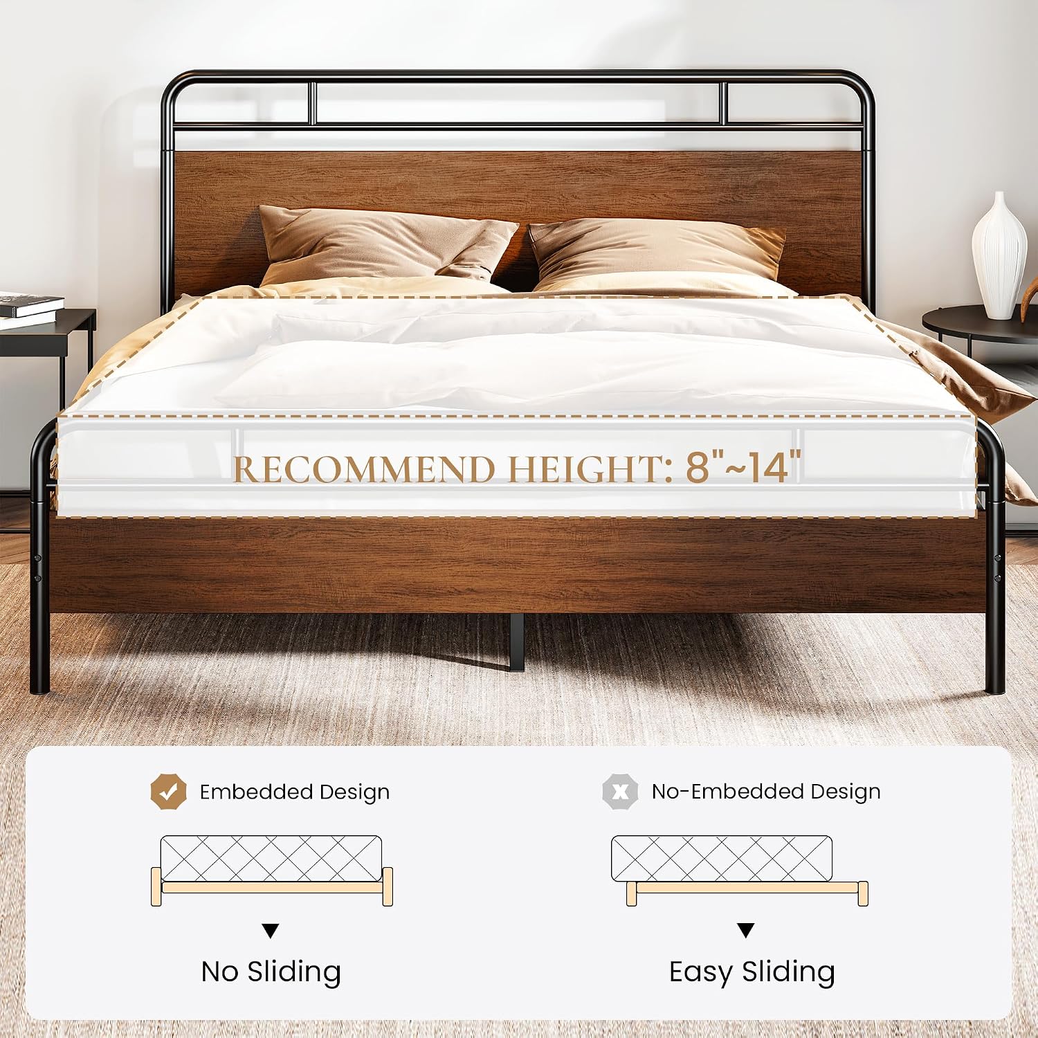 SHA CERLIN King Size Bed Frame with Wooden Headboard and Footboard, Rounded Corner Metal Structure, Heavy Duty Slats with Under-Bed Storage, No Box Spring Needed, Walnut